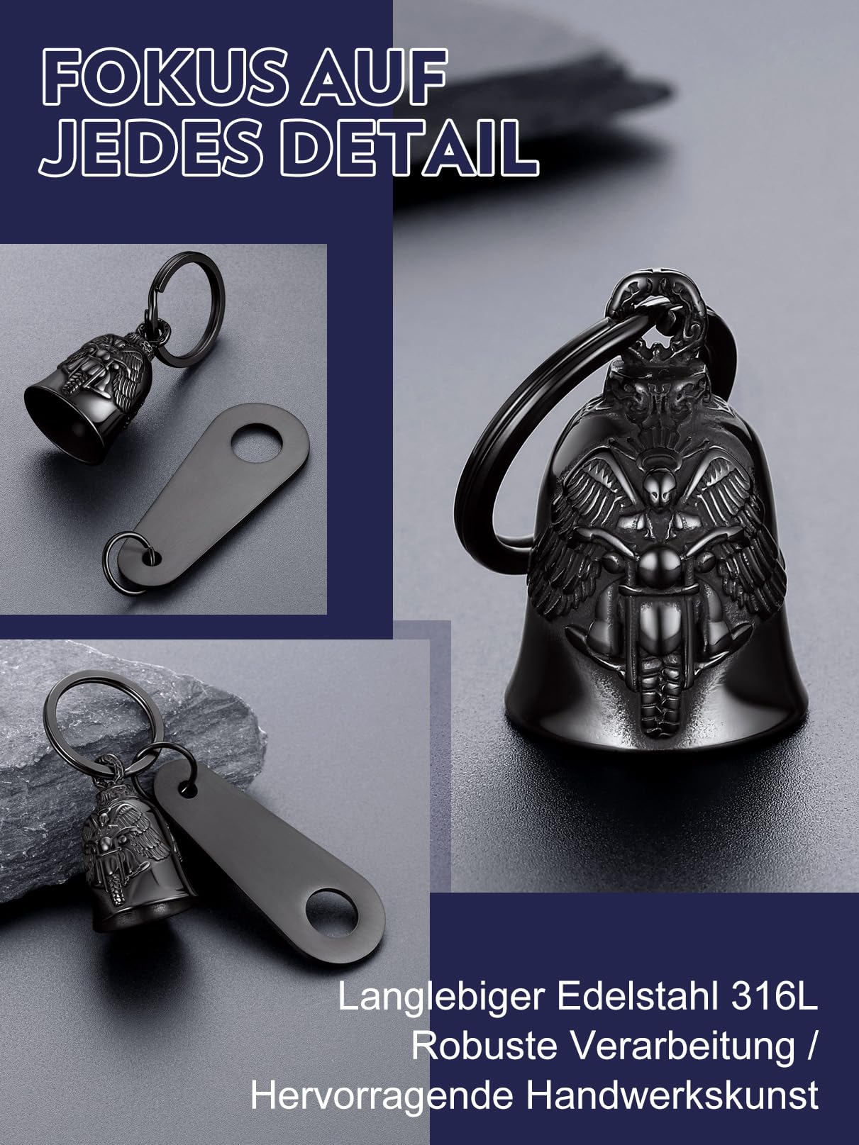 Bandmax Schlüsselanhänger Motorrad Glocke Edelstahl Motorradglocke Schlüsselanhänger Wikinger Glücksbringer Schlüsselanhänger für Motorradfahrer