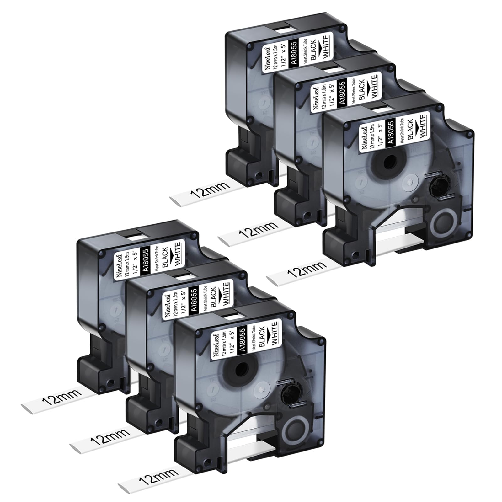 NineLeaf kompatibel für Dymo Rhino Industrie Schrumpfschlauch-Kabeletiketten 18055 S0718300 12mm x 1.5m Bänder Schwarz auf Weiß für Rhino 3000 4200 5000 5200 6000 3M PL150 Beschriftungsgerät, 6PK