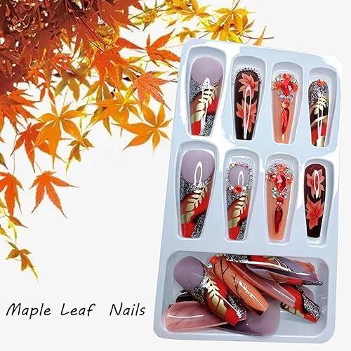 Miniatura 3 de 24 uñas postizas largas a presión con diseño de ataúd con diamantes de imitación, uñas postizas de cobertura completa, uñas postizas de otoño,