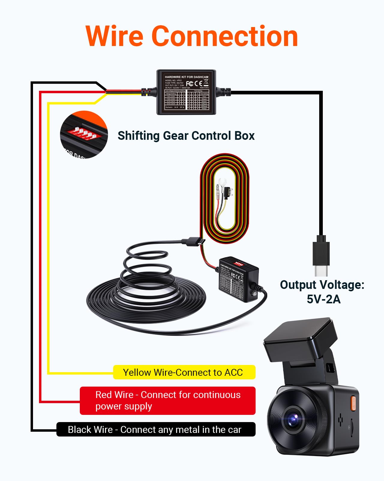 dash cam hardwire to cigarette lighter Range Tour Kit USB-C, 4m/13.12ft 12V-24V 5V 2.5A Car Dash Camera Charger Power Cord, 3 cores, 4 Types/8 adapters and 6 fuses, Hard Wire Kit Fuse for in protection device can prevent the equipment from overcurrent and overheating Hardwire Kit