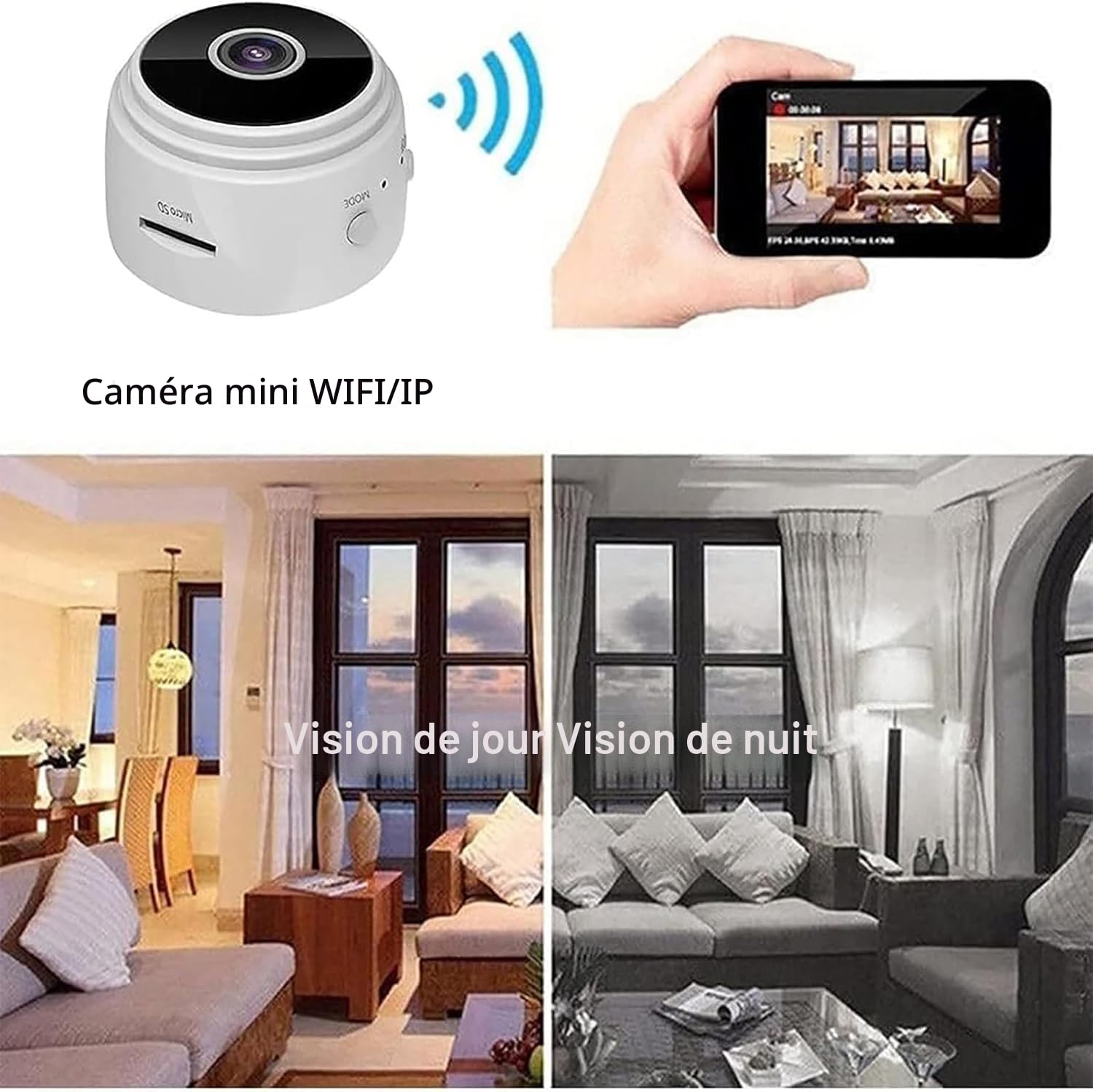Secretscope Mini caméra de sécurité magnétique, Wi-Fi, caméra extérieure sans fil, avec fonction de vision nocturne pour la maison et le bureau, (noir, 3 pièces)