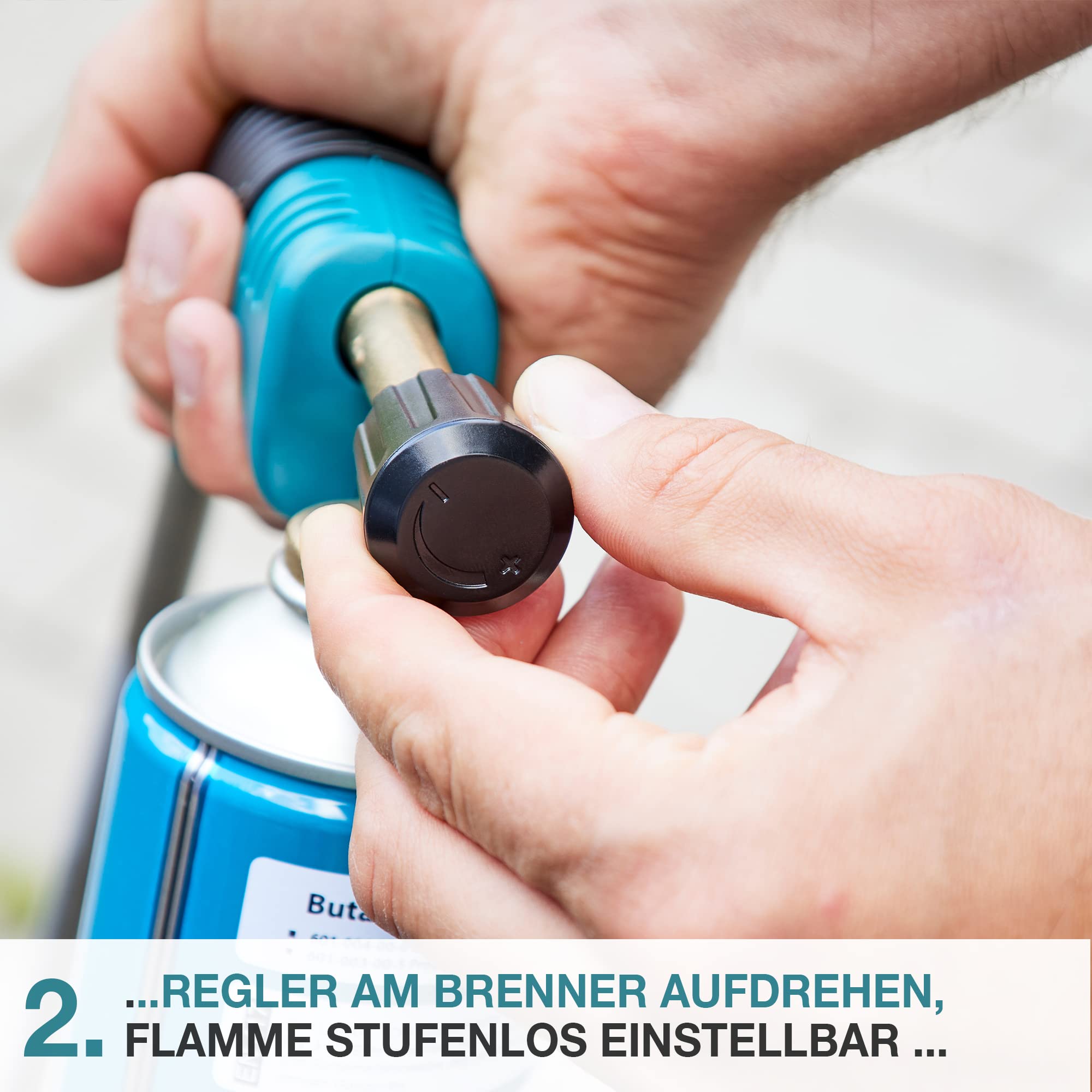 TOM Gas Unkrautbrenner Set + 4 x 330 g Universal Gasflasche mit Schraubgewinde 600 ml – Abflämmgerät ideal zur Unkrautvernichtung auf Pflastersteinen, Gehwege, Pflasterfugen. Grillanzünder, Blau