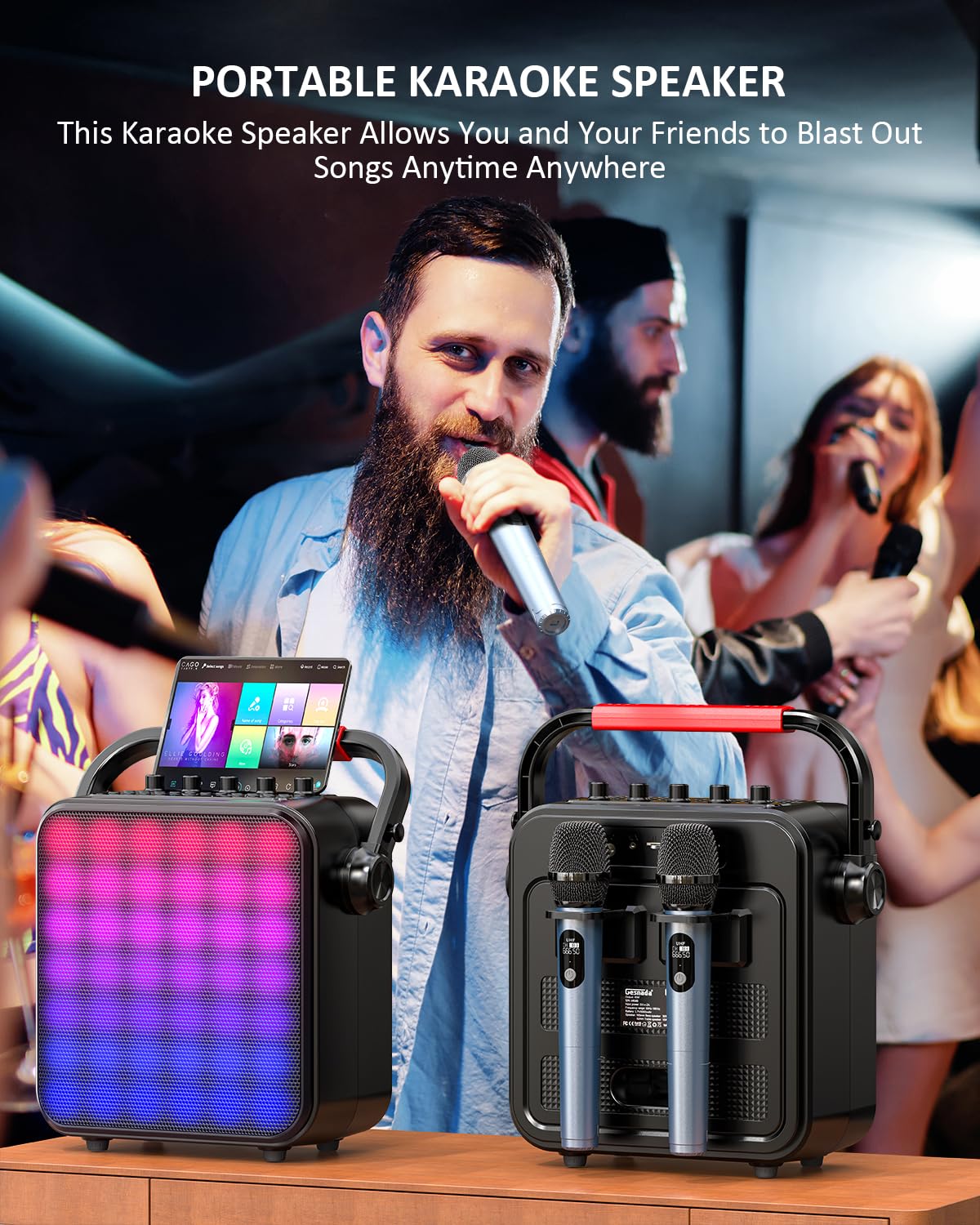 Karaoké Adulte avec Lumière LED Disco - Enceinte Bluetooth Puissante 2 Micros sans Fil, Système PA Portable (Bluetooth/TF/USB/AUX/TWS) Enfants/Famille/Fêtes