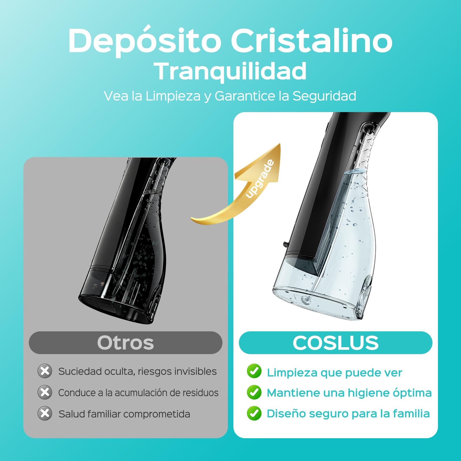 COSLUS C20 Irrigador Bucal Portatil Flosser: 300ML Irrigador Dental Inalámbrico de Riego para Limpieza Dental Doble chorro de agua IPX7 Impermeable Limpieza Diente Para Hogar baño y los Viajes Negro