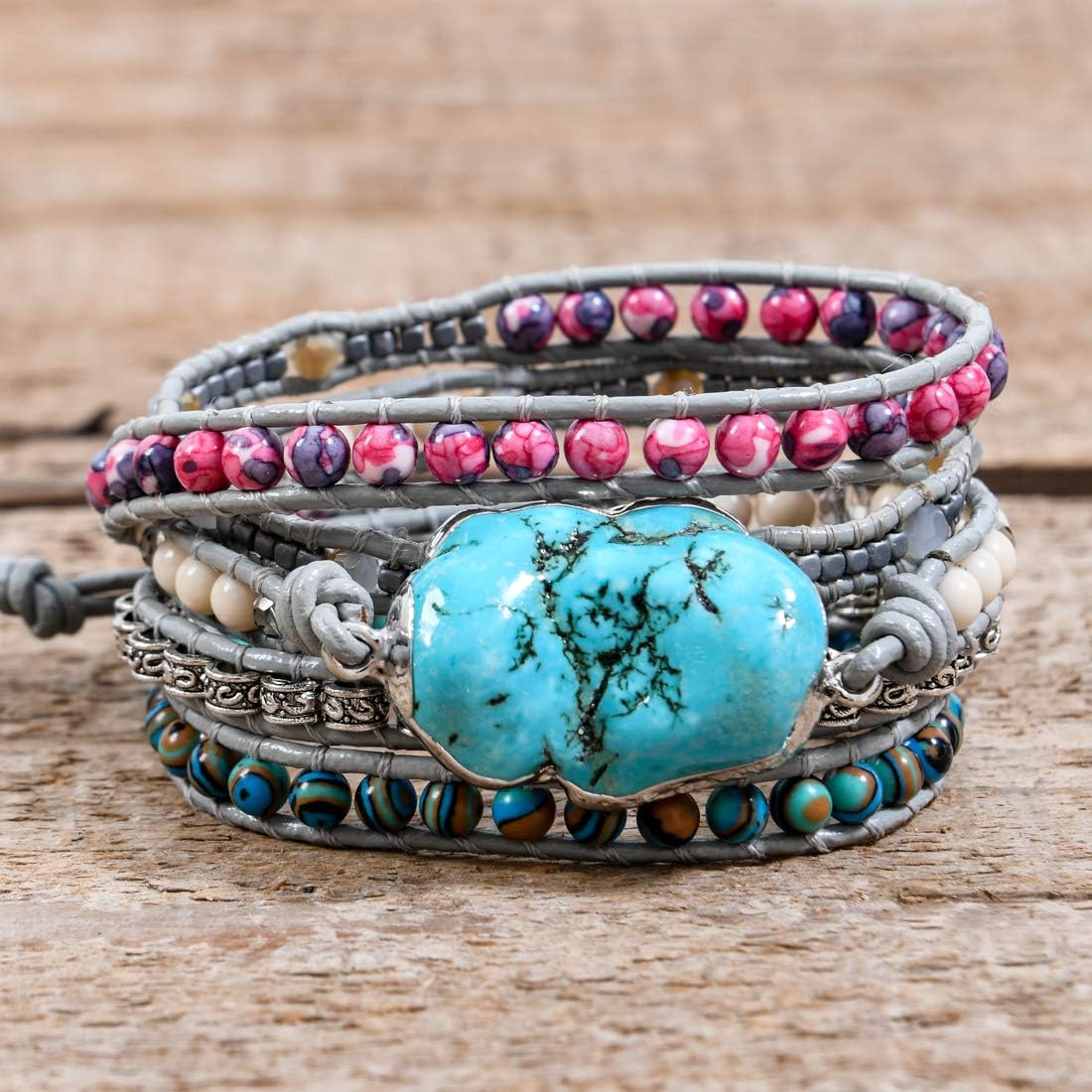 YGLINE Natural Stone Bracelet 5 Wraps Bracelet Handmade Blue Color Boho Bracelet for Women Bracelet - Image 2