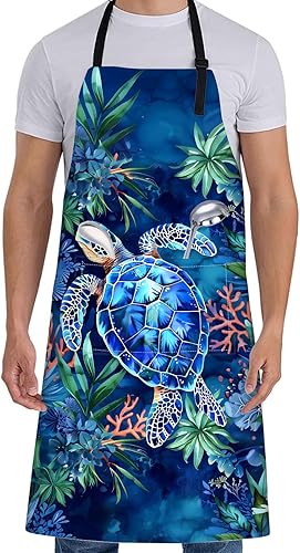 Delantal de tortuga marina para mujer con océano, 28 x 33 pulgadas, delantales de cocina de arrecife de coral con 2 bolsillos, tela Oxford, delantal