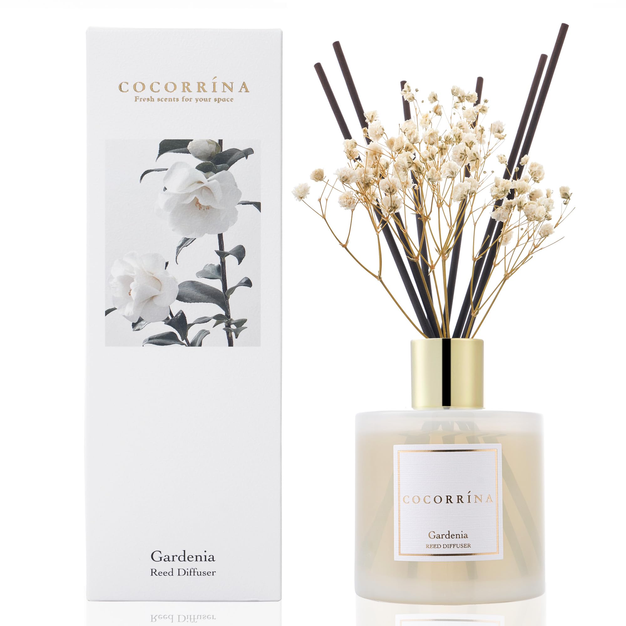 Cocorrína Set di diffusori a bastoncini, diffusore Gardenia da 200 ml con 8 bastoncini di profumo per la casa, per camera da letto, bagno, soggiorno, casa e ufficio