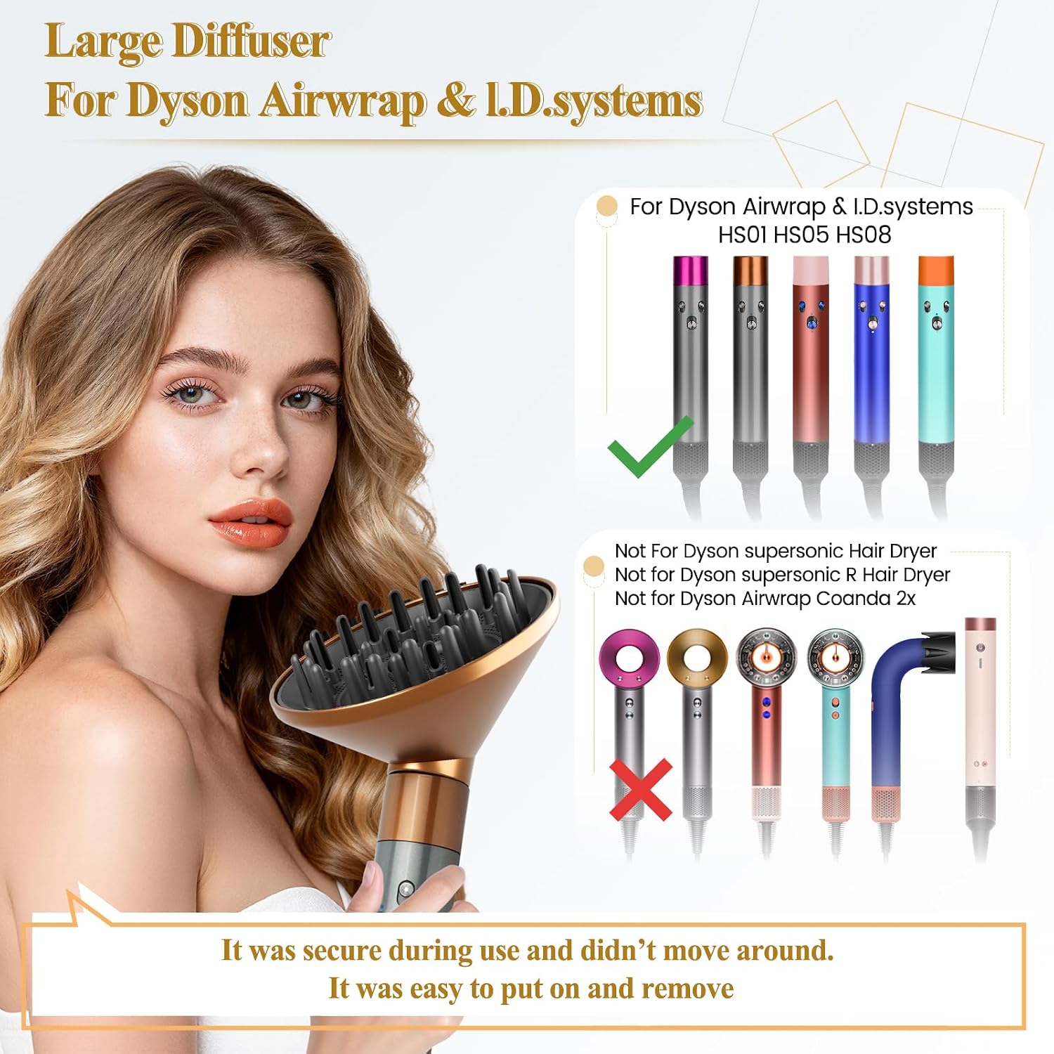 Large Diffuser Attachment Compatible with Dyson Airwrap, Upgraded Bigger Diffuser Nozzle to Dryer Faster and Define Curls Hair, Gold