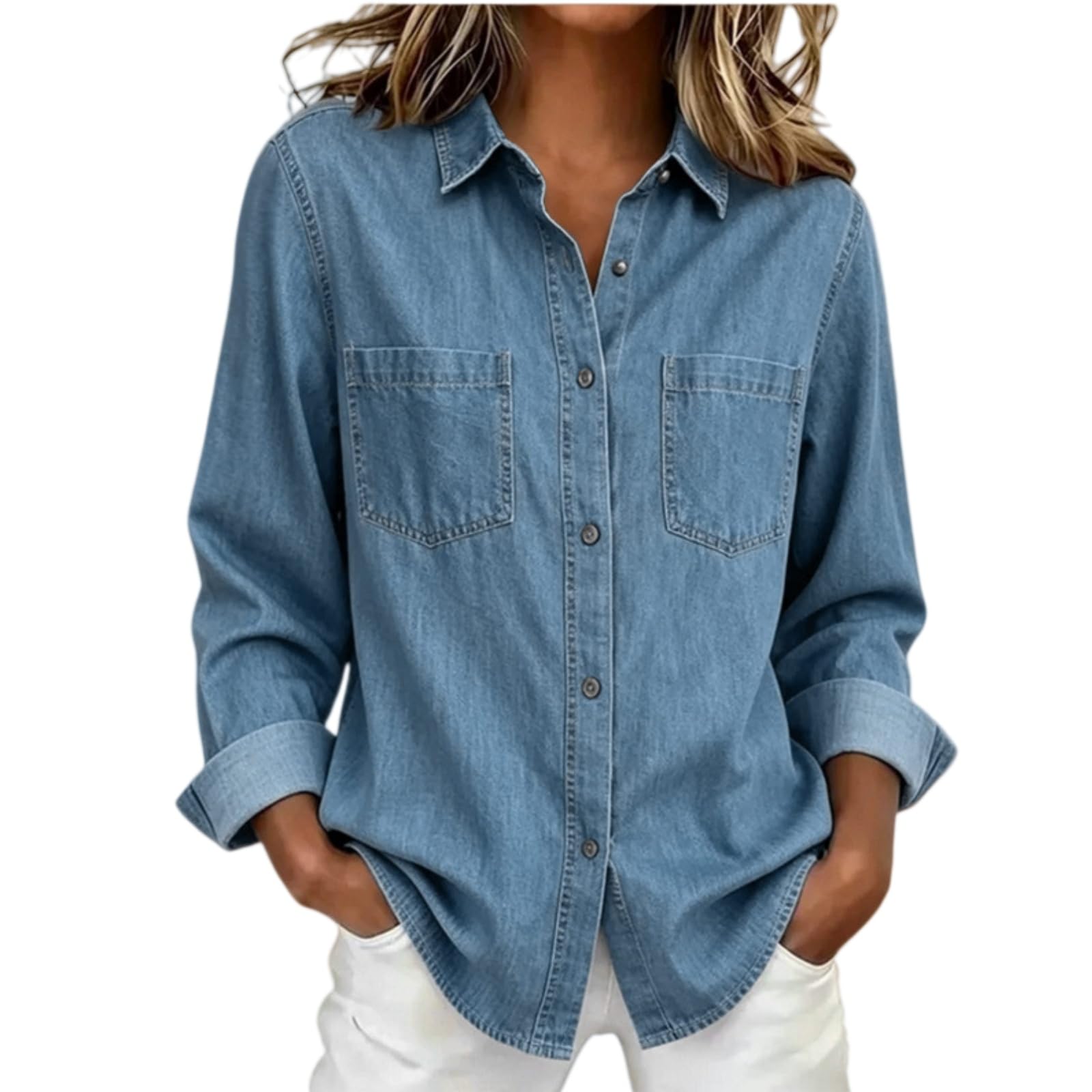 Generisch Langärmeliges Jeanshemd mit Knopfleiste und Taschen für Damen