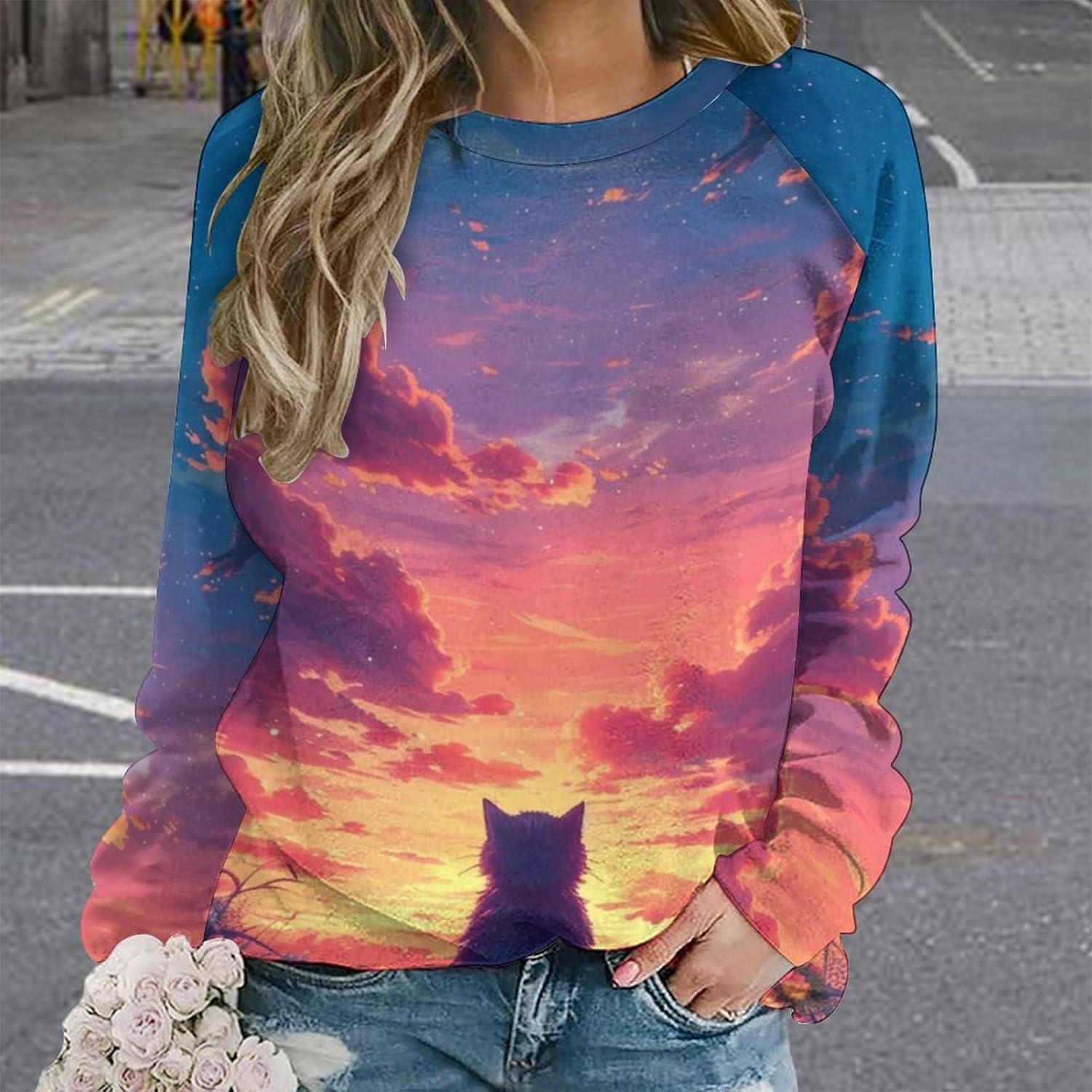 Long Sleeve Shirts for Women Cat Printed Fall Winter Dressy Holiday Casual Fashion Crewneck Tunic Tee Shirts - Image 2