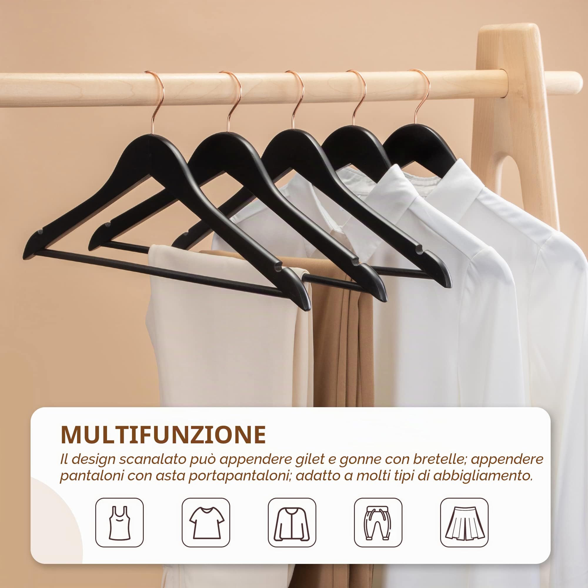 HOUSE DAY Confezione da 32 Grucce in Legno Resistente di Alta Qualità per Abiti Antiscivolo Con Gancio Girevole Color Oro Rosa 45 cm Nero