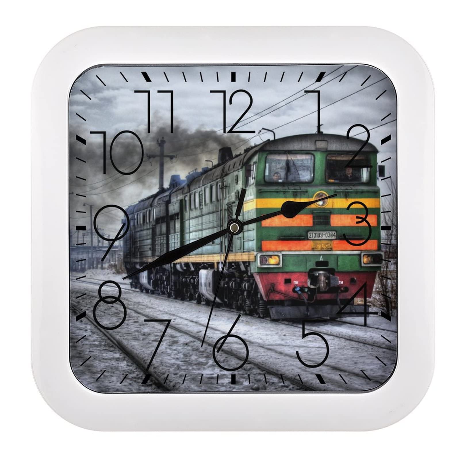 Horloge Murale Carrée Train Grands Chiffres Salon Chambre 26cm