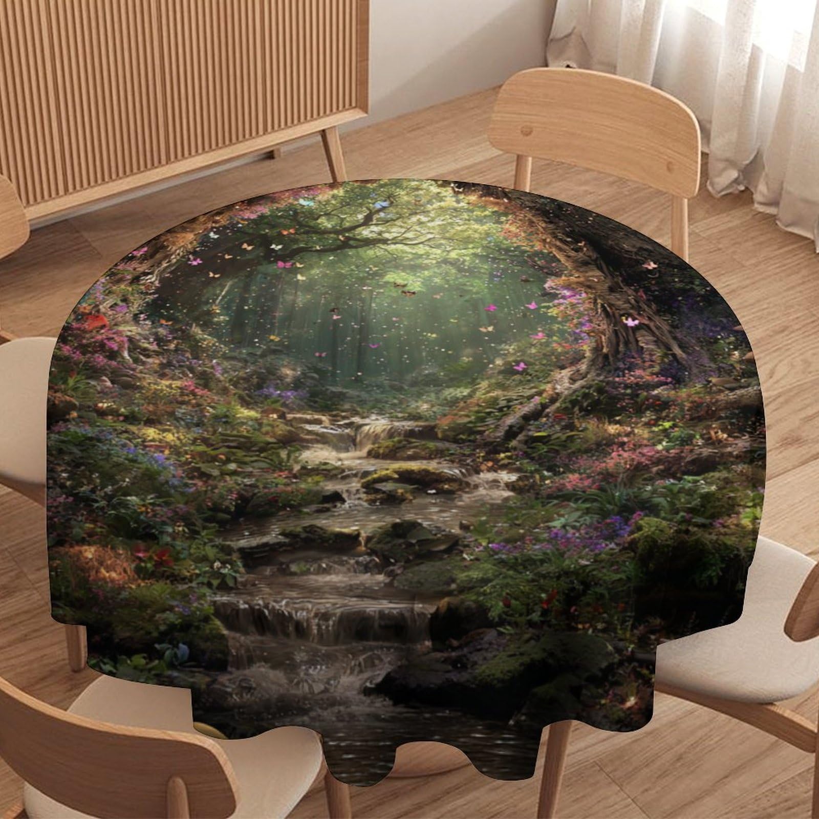 LUYYSKY Romantic Classic Enchanted Forest Waterproof Round Tablecloth Modern Art Fairytale Wonderland Animals Butterflies Washable Table Cover for Kitchen-177.8" Wx177.8 L cm