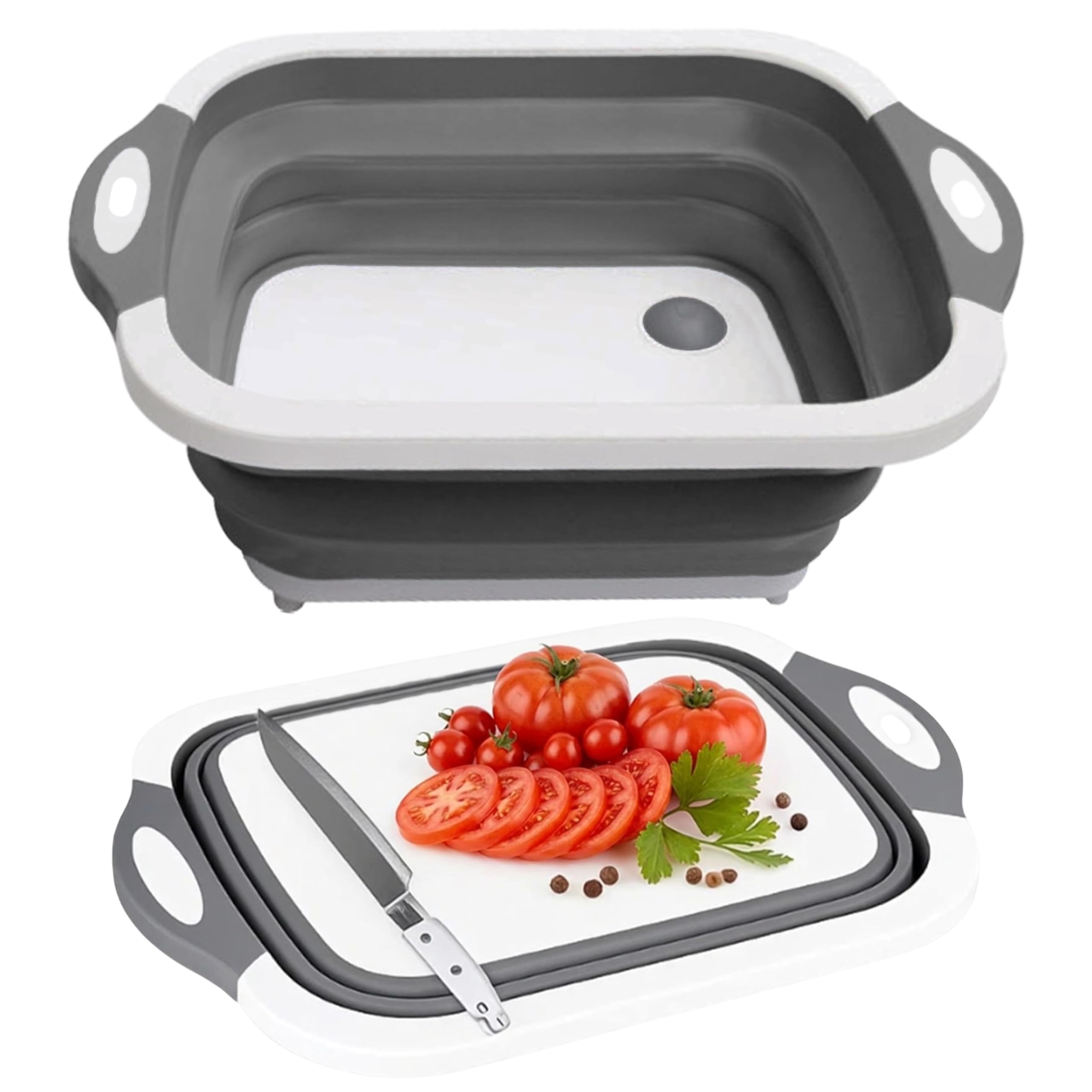 BritVibe Foldable Chopping Board, Collapsible Washing Up Bowl with Drain Plug – 3-in-1 Cutting Board, Wash Basin & Dish Tub – Portable Kitchen Tool for Camping, Caravan, Picnic & Outdoor Use (Grey)
