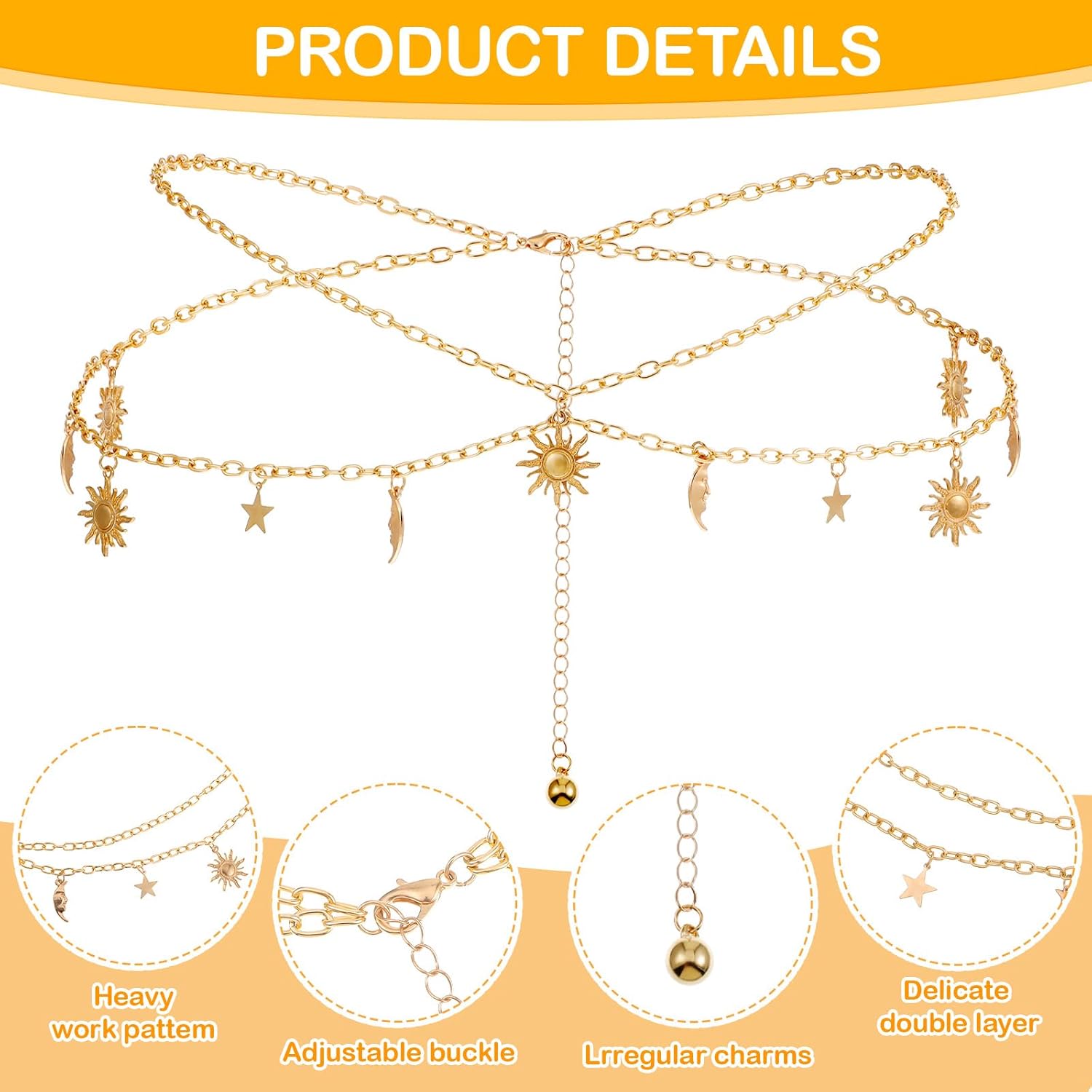 JIEYAO Double Layer Metal Waist Chain, Adjustable Women Waist Link Belt Multilayer Skinny Chain Waistband Sun and Moon Belly Waist Decor Belts (Gold) - Image 6