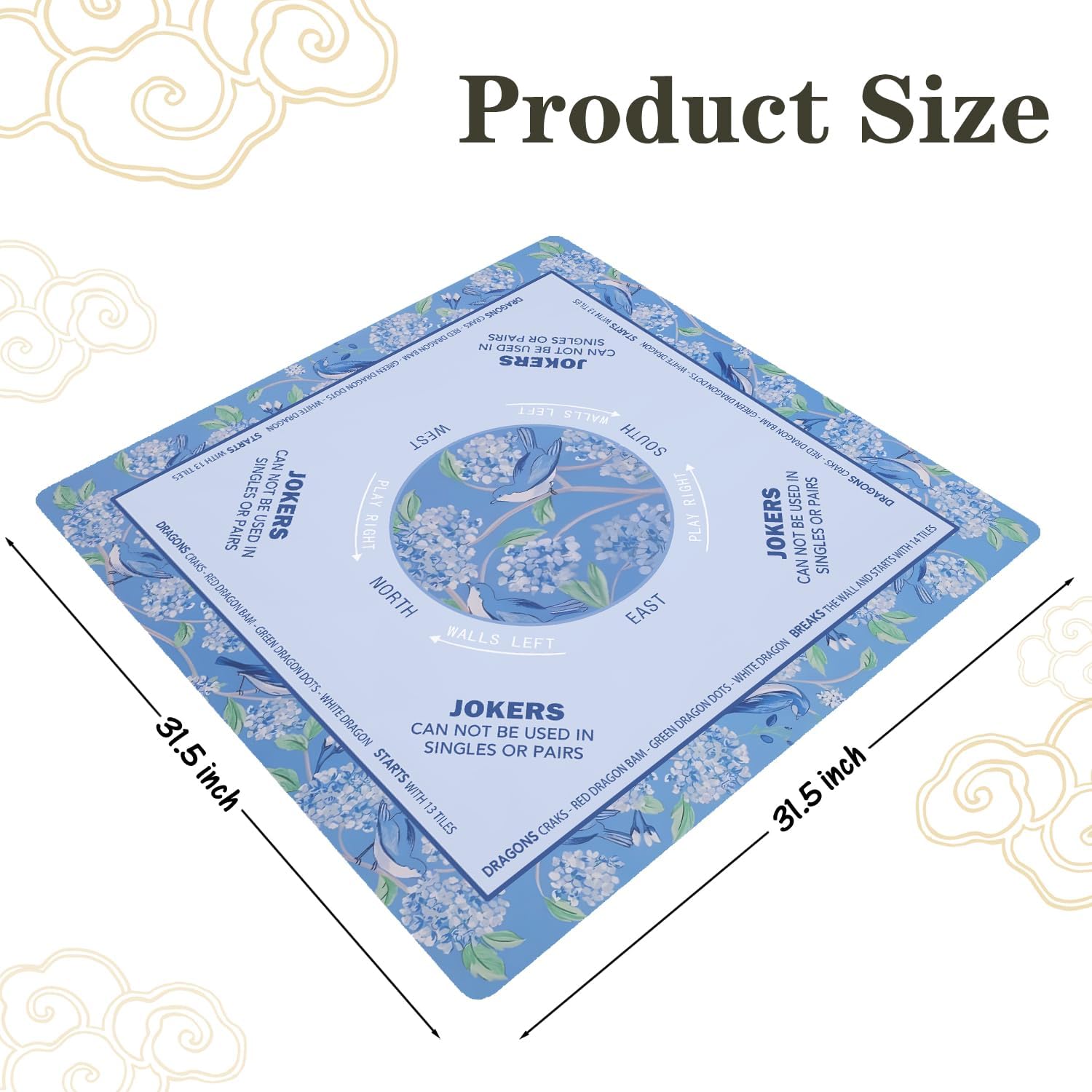 Blue Hydrangea Bird Chinoiserie Mahjong Mat for Table 31.5x31.5In, Grandmillennial Floral Non-Slip Noise Reduction Mahjong Table Cover Tablecloth for Card Poker Dominoes Dice and Board Game