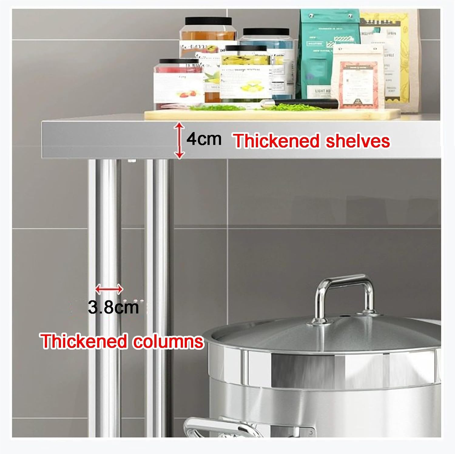 Three-Tier Stainless Steel Workbench Crossbeam Reinforced Quadruple-Folded Edge Design Kitchen Work Table Brushed Finish Adjustable Non-Slip Feet Suitable for Hotels and Warehouses