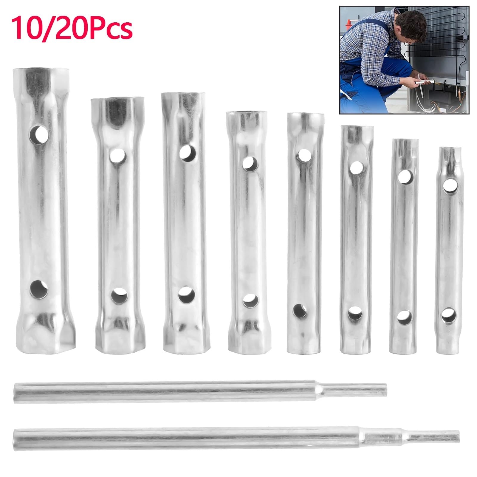 Juego de llaves tubulares doble extremo, llave for grifo, tubo, ducha, válvula, enchufe acero al carbono, plomero, bujía extendida Juego de llaves de tubo(20pcs)