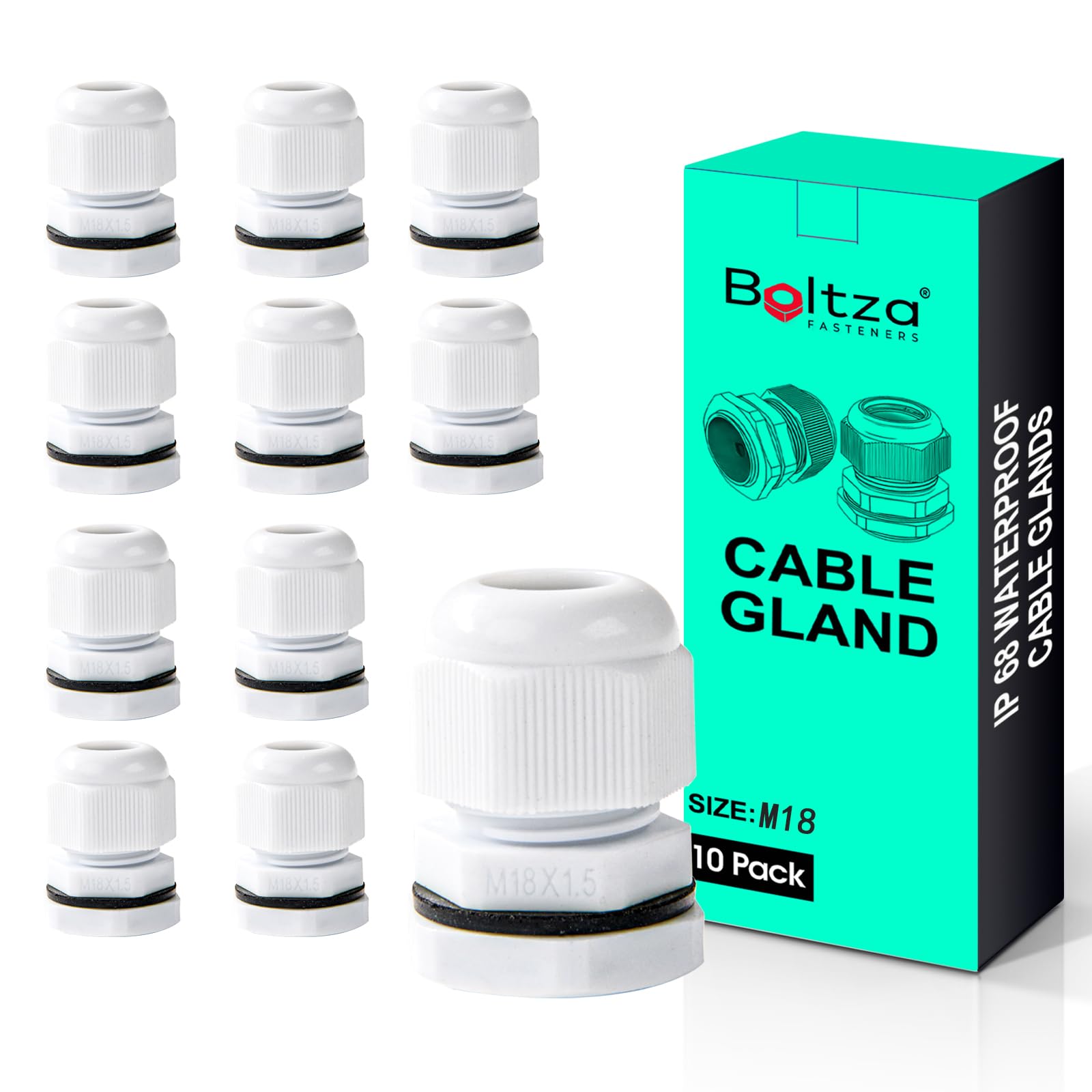 Boltza® White Nylon Cable Gland – IP68 Waterproof Cable Connector for Electrical Enclosures, Junction Boxes, Outdoor Use – Conduit Gland – 10 Pack (M18)