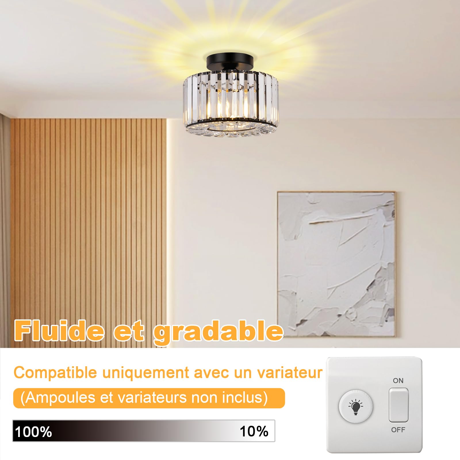 Plafonnier en Cristal, Plafond Moderne Noir, Luminaire E27 Lustre Semi-Encastré pour Salon, Chambre, Cuisine, Salle à Manger, Couloir, Salle de Bain, Hall d'entrée, Bar