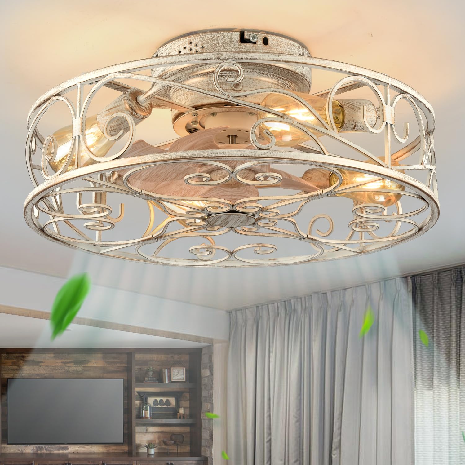 XUDOM 20" Caged Ceiling Fans with Lights and Remote, Bladeless Ceiling Fan 6 Speed Reversible with 4 Bulbs and Remote Control,Flush Mount Caged Ceiling Fan for Bedroom, Living Room, (Include Bulbs)