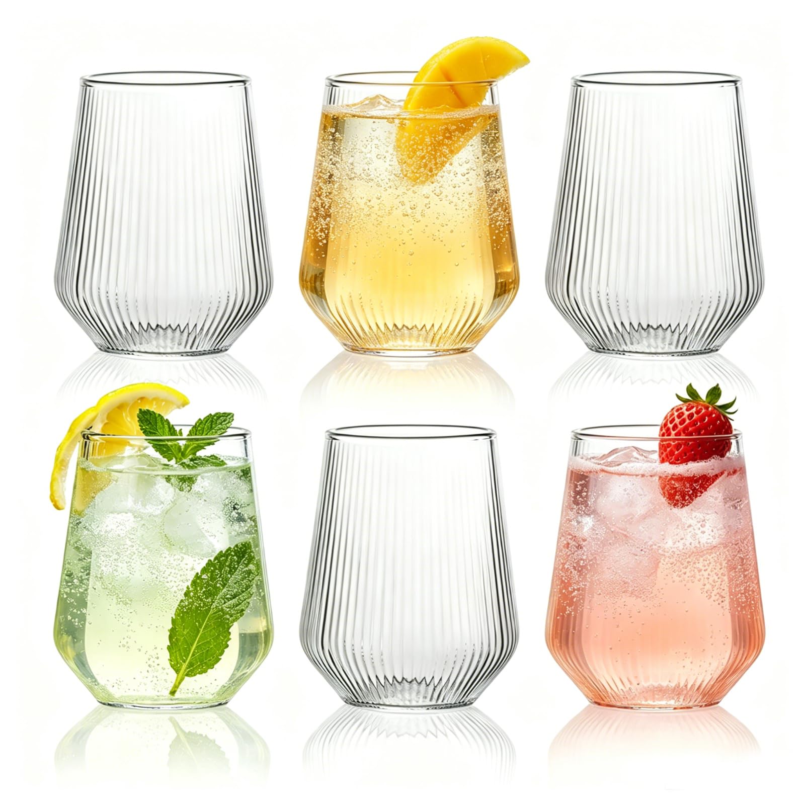 6pcs 460ml Ribbed Highball Glasses Tall Hi Ball Glass Water Gin Juice Cocktail Drinking Glassware Origami Style Fluted Ripple Beverage Tumblers Set, Ideal for Home, Restaurant, Events & Parties
