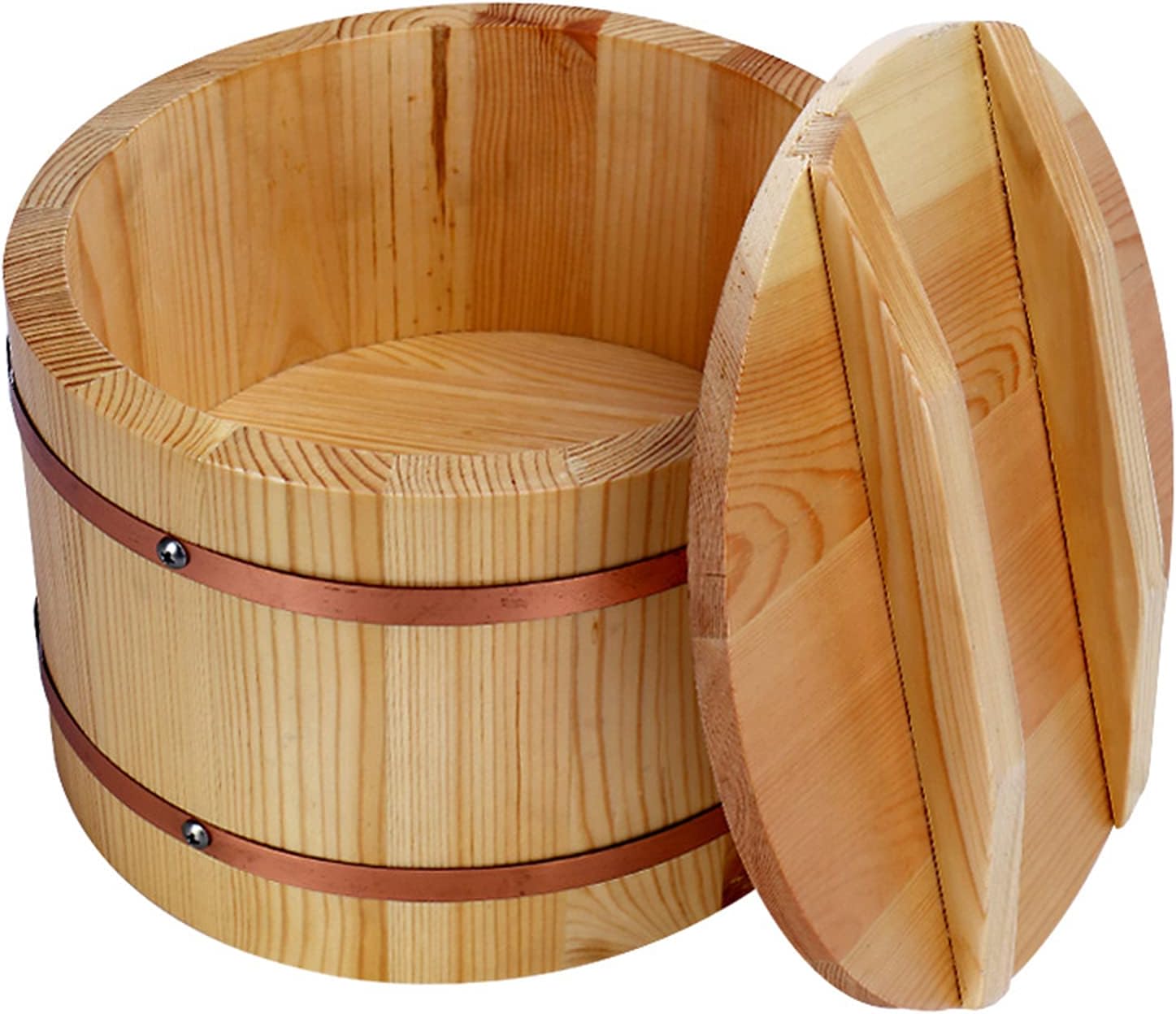 AIZYR Wooden Sushi Rice Bowl with Lid and Rice Scoop, Japanese Hangiri Sushi Oke Rice Mixing Tub for Sushi Restaurant Home Use,24cm