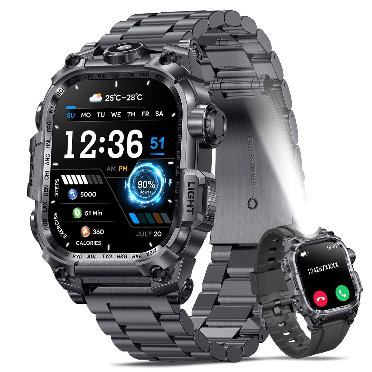 Nemheng Military Smart Watch pour hommes, 2.01” HD Fitness Tracker Watch with Make/Answer Call, Women's Smartwatch With Flashlight & 100+ Sport Modes, SpO2 Moniteur de fréquence cardiaque et de sommei