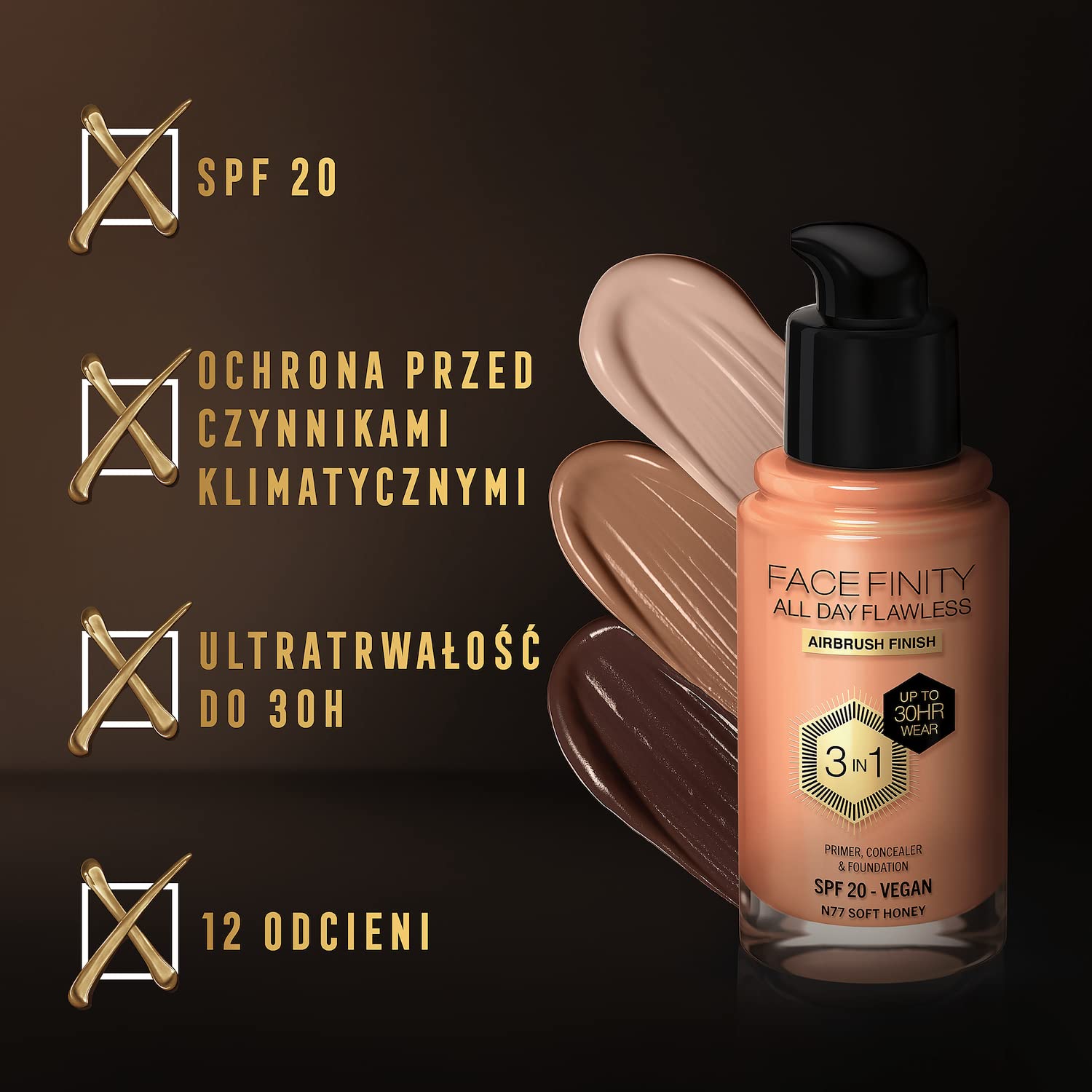 Max Factor Facefinity All Day Flawless Make-up 3w1 baza, korektor, podkład z filtrem SPF 20, nr N55 Beige, 30 ml