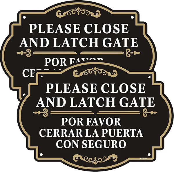 Phyabe 2 Pack Please Close and Latch Gate Sign Bilingual English Spanish, 10 x 7 inch Rust Free Aluminum Keep Gate Closed Sign, Weather Resistant, Waterproof, Durable Ink, Easy to Install