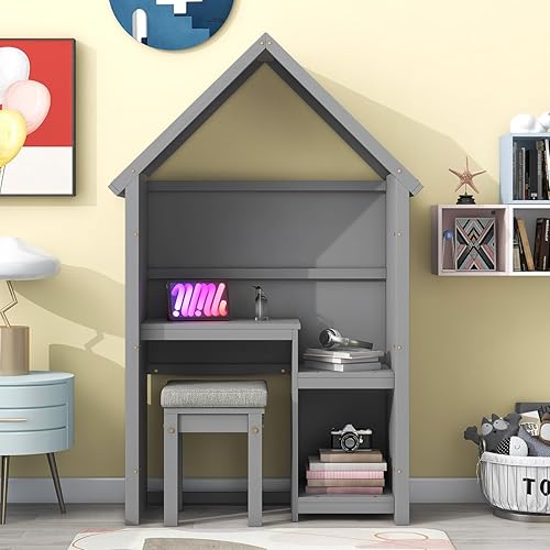 Miniatura 3 de i-POOK Juego de escritorio y silla para niños, escritorio en forma de casa para niños con taburete acolchado y almacenamiento abierto, mesa de
