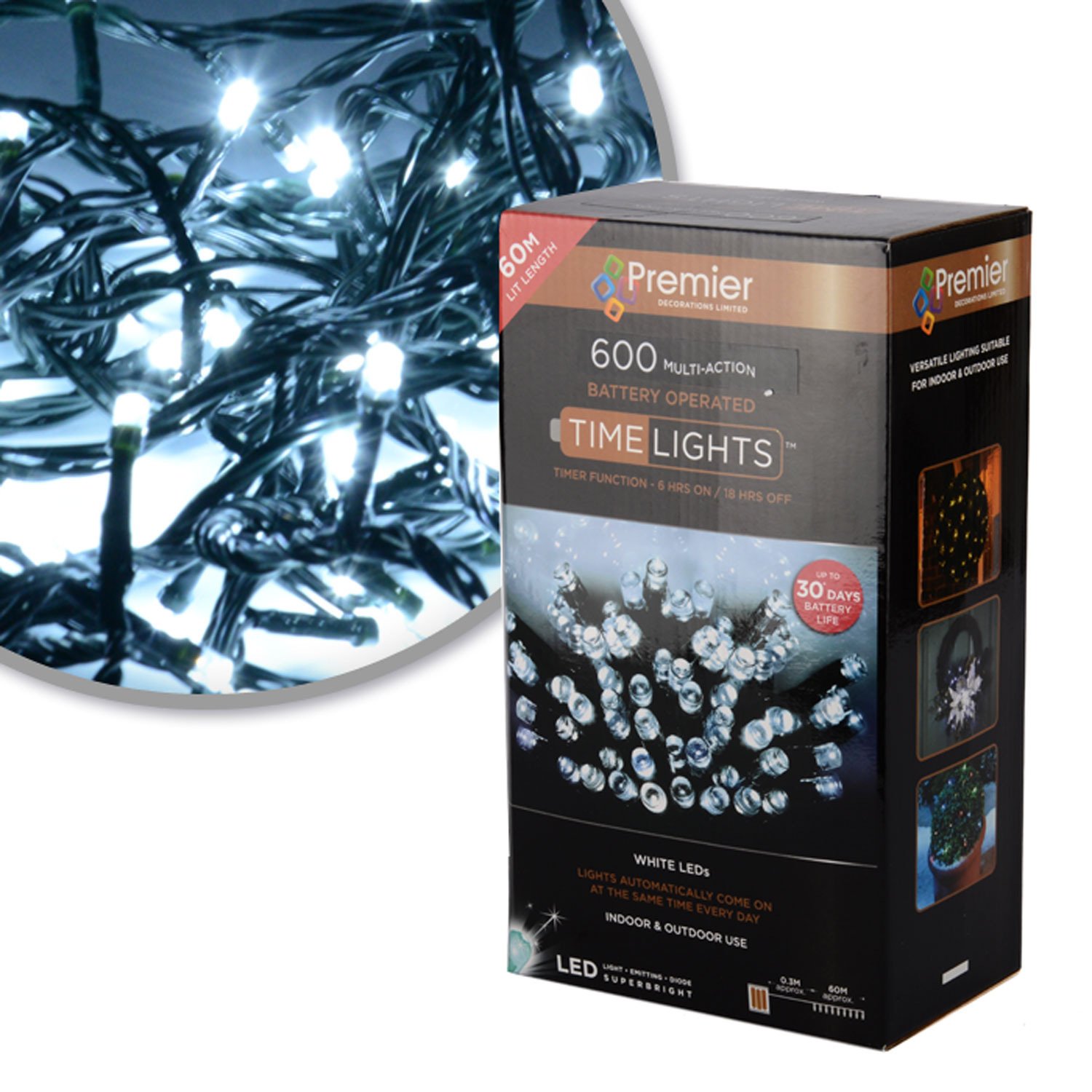 White 600 Led 60M Premier Christmas Indoor Outdoor Multi Function Battery Operated String Lights With Timer In Cool