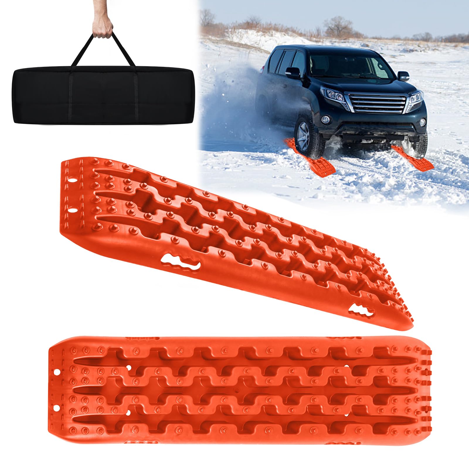 NAIZY 2x Sandbleche Offroad Traktionsmatte Kunstoff Anfahrhilfe Recovery Board Tracks mit Aufbewahrungstasche Traktionsband Max. 10T Last, PKW LKW Traktionsplatten, Orange