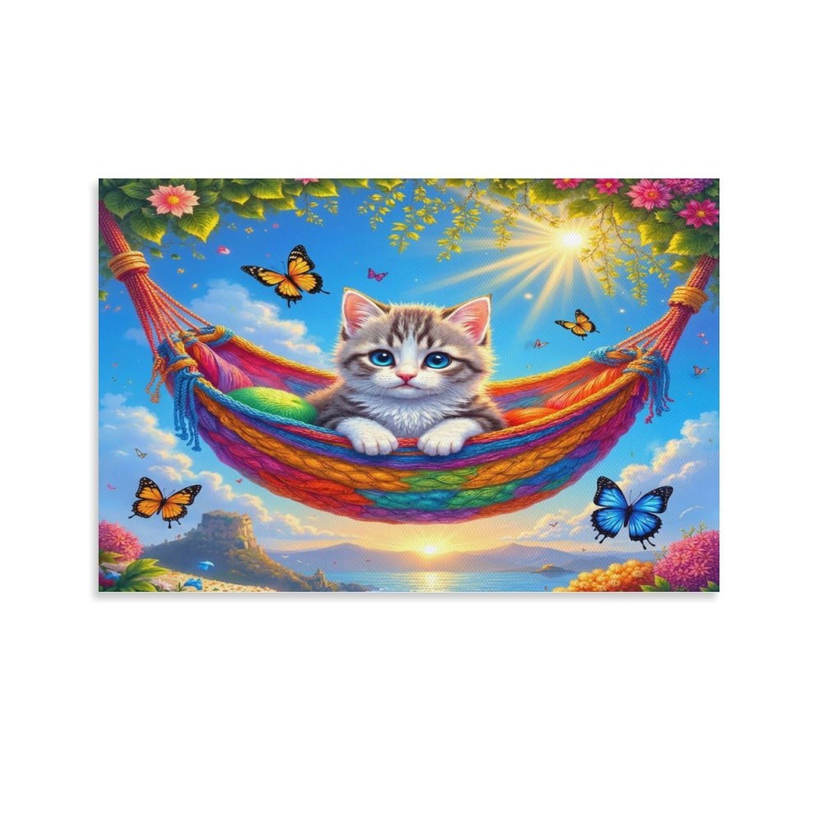 CPLVKWRQJ Cute Kitten Hammock Single Tabby Kitten Rainbow Hammock Canvas Wall Art - Gift for Her/Him Living Room Focal Point Ready to Hang Decor 08x12inch(20x30cm)