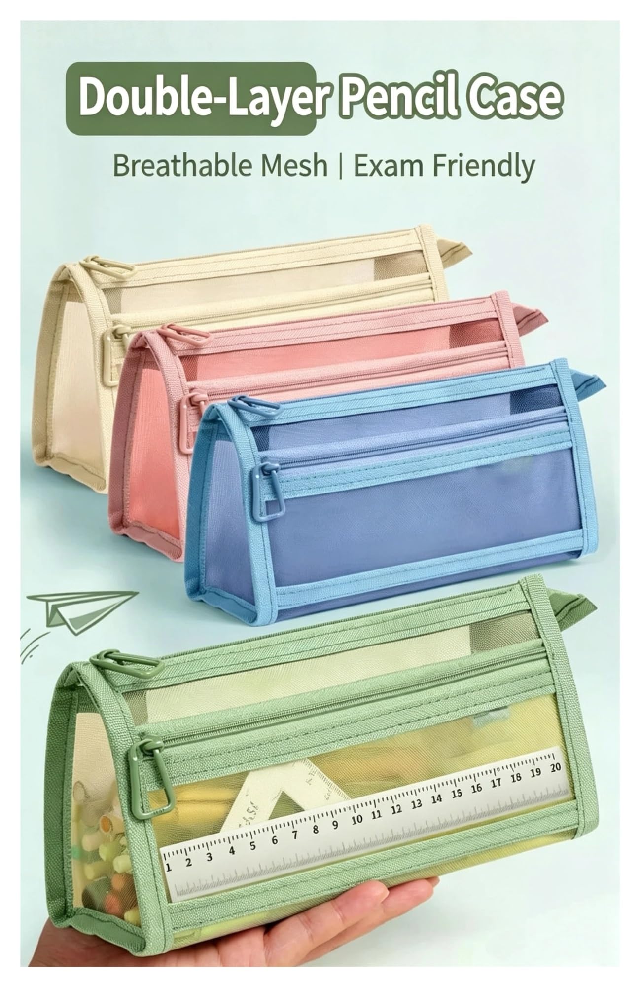 Astuccio in rete trasparente for esami | Doppio strato, grande capacità, design 3D, portatile, organizer for scuola/ufficio(Off-white)