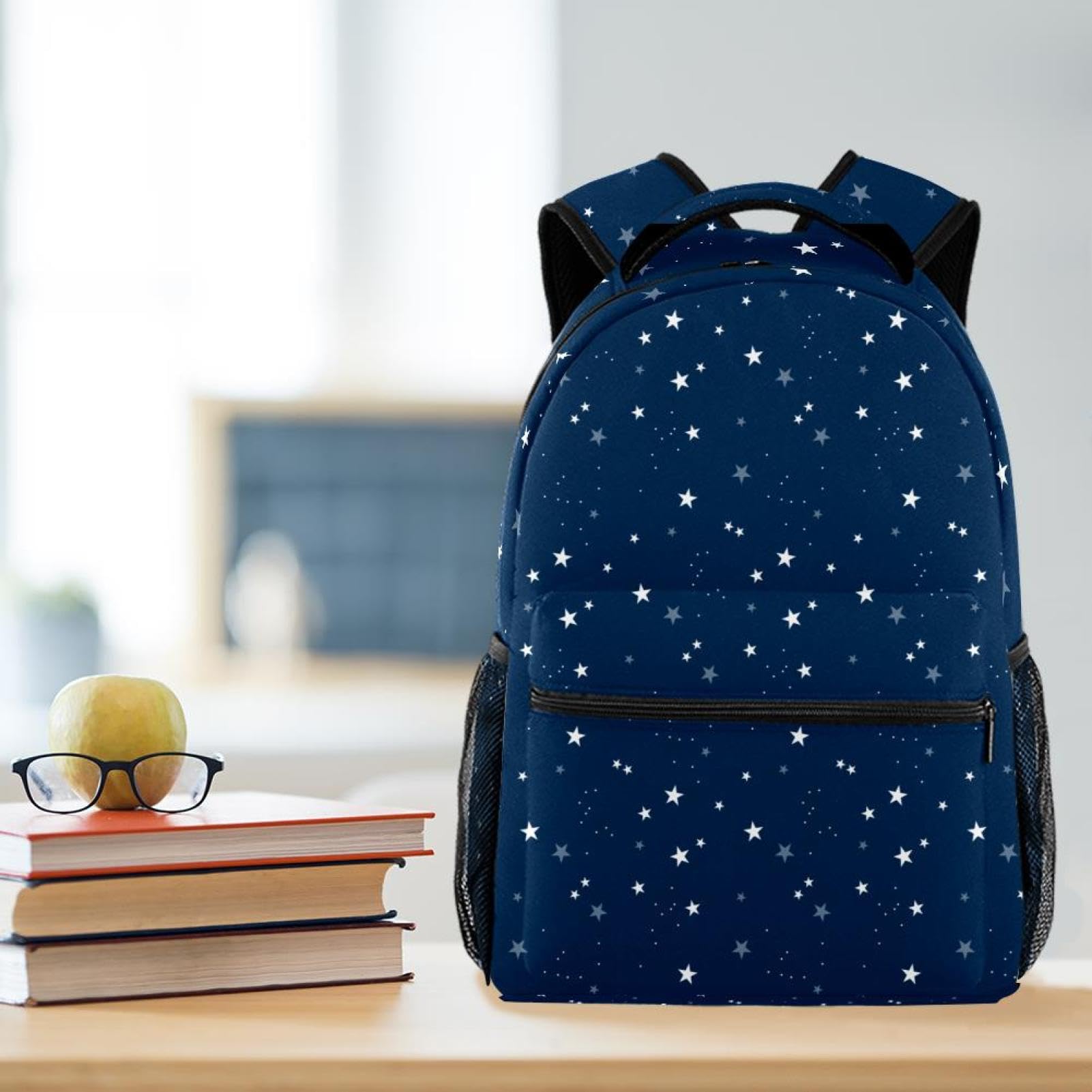 Zaino scolastico per uomini e donne, borsa da viaggio per computer portatile blu scuro con stelle, zaino leggero per università, zaino casual per libri