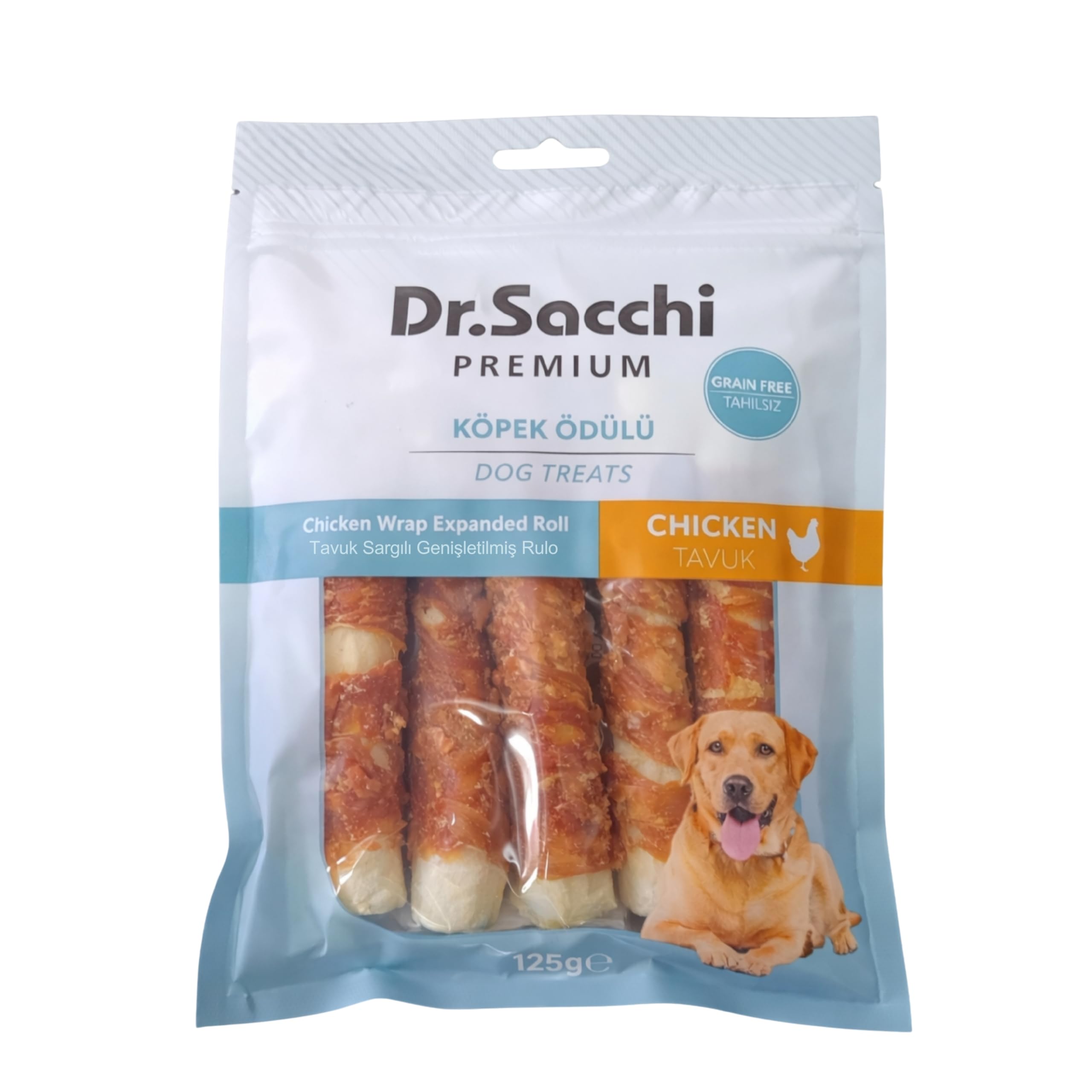 Dr.Sacchi Premium Tavuk Sargılı Genişletilmiş Rulo Tahılsız Köpek Ödülü 5" 25 Gr 5'li