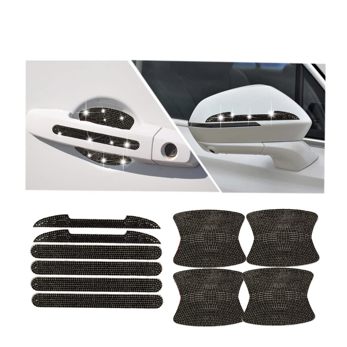 10PCS Bling Car Door Handle Reflective Trim Decals Stickers,Universal Rhinestone Door Side Rear View Mirror Scratch Resistant Protector Cover Car Accessories Black