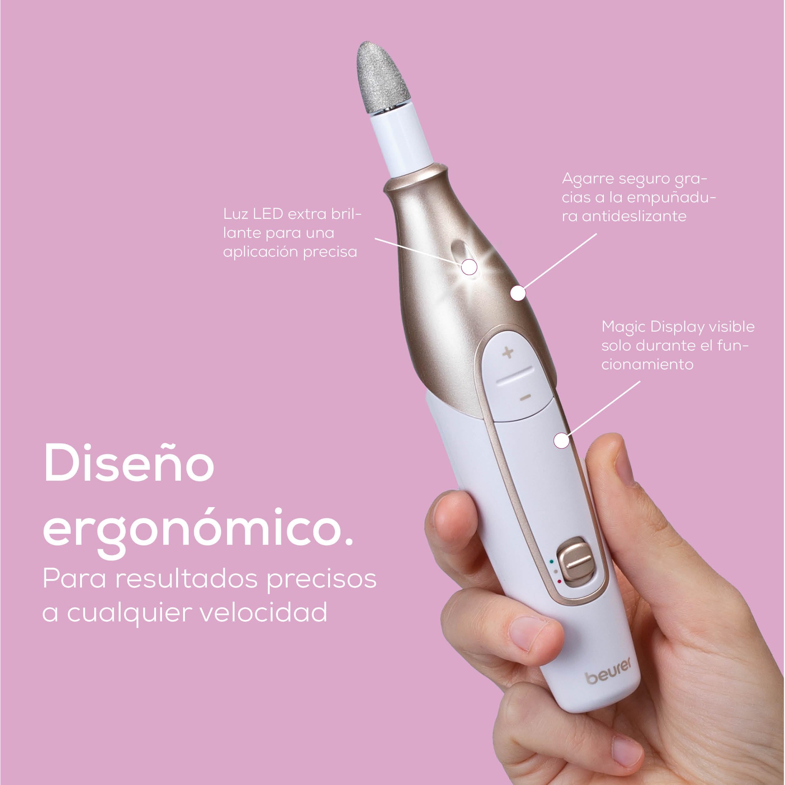 Beurer MP 64 Set de manicura y pedicura profesional con batería recargable, torno para uñas inalámbrico, 10 accesorios para el cuidado de las uñas, con luz LED