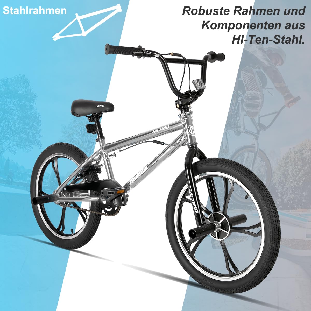 HILAND Bicicletta BMX Bambini 20 Pollici, Ruote a 3/5 Razze, con Rotore Freestyle a 360°, 4 Pegs, per Bambini e Ragazzi da 7 a 12 Anni, Colori Multipli