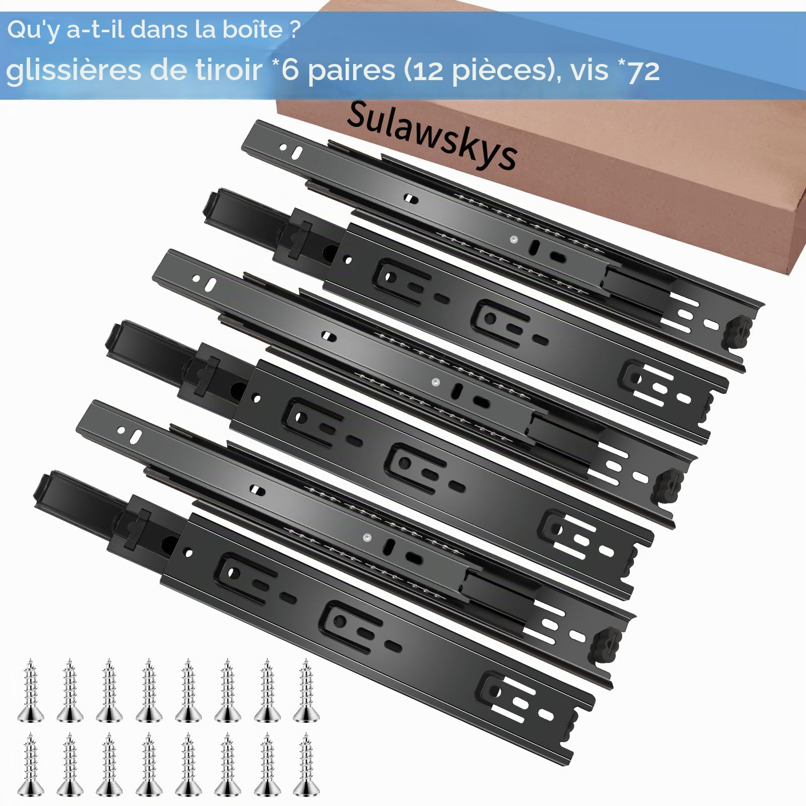 Sulawskys 6 paires glissières de tiroir 45 cm (12 pièces),glissiere pour tiroir, montage latéral,extension complète,coulisse tiroir avec roulements à billes, capacité de 45 kg, noir