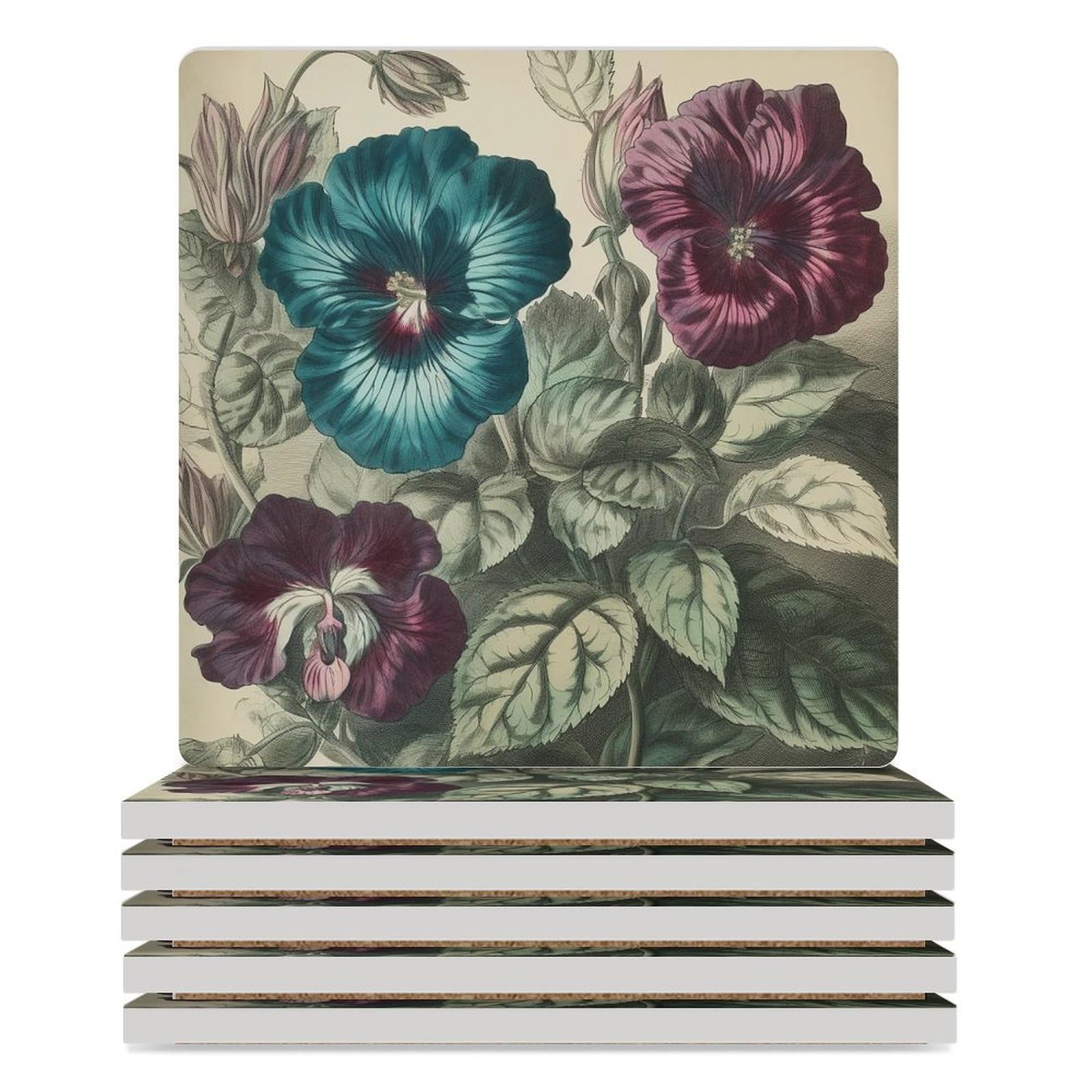Posavasos para decoración de mesa, juego de 6 posavasos para mesa de café, reutilizables, con tres flores, impresión de pintura para mesa de comedor y sala de estar