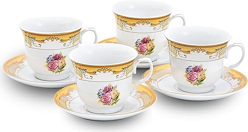Miniatura 11 de Lujoso juego de té de porcelana – Juego de 8 piezas de fiesta de té vintage – Blanco con diseño de llave griega plateada – Platillos de 5.5 Meandro