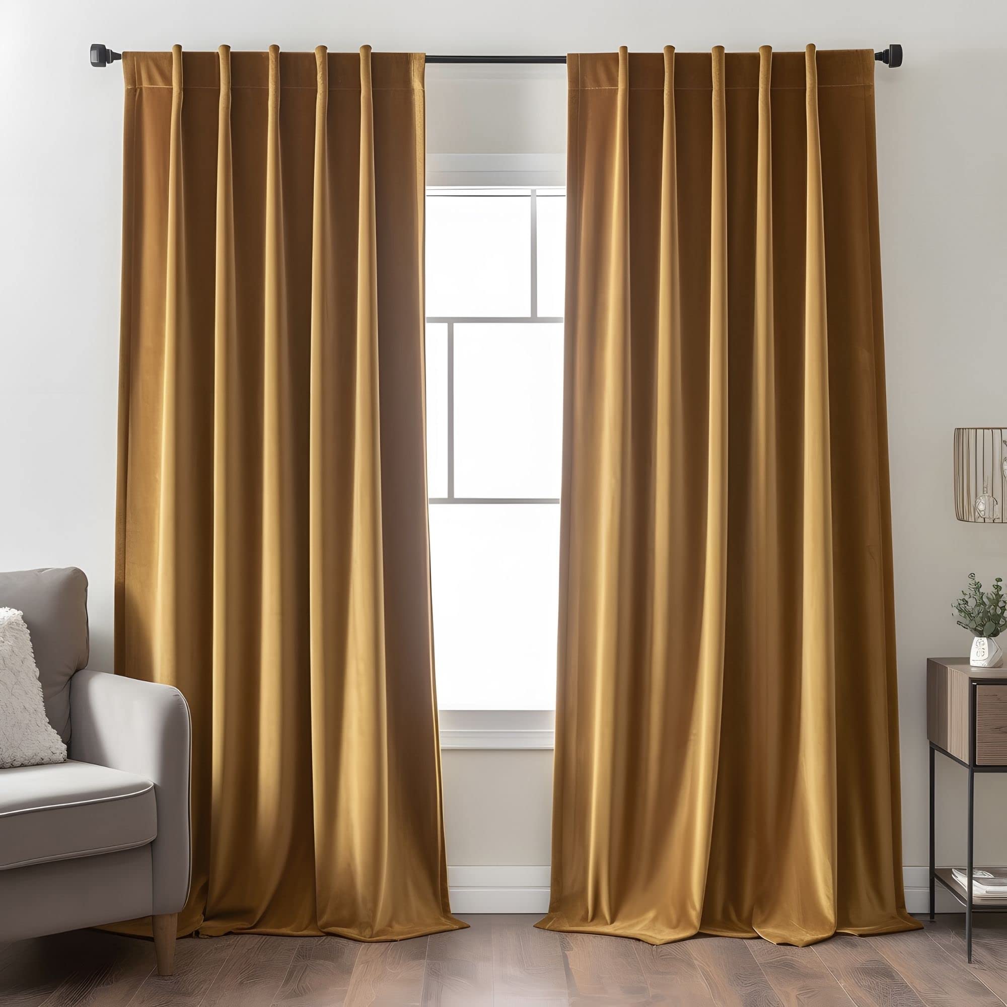 Aljctns Gold Brown Velvet Curtains for Living Room Luxury Room Darkening for Bedroom,Thermal Insulated Super Soft Window Drapes Rod Pocket & Back Tab, 52" W x 108" L, 2 Panels Set