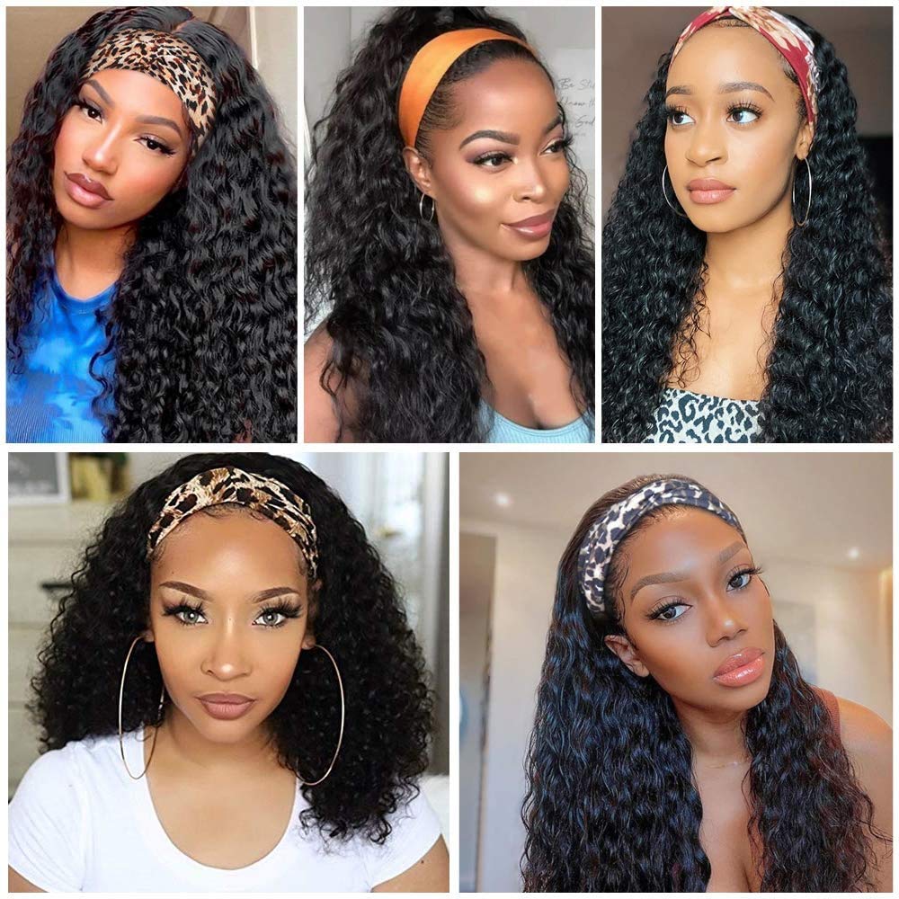IFLY Headband Wig Locken Perücke Frauen Echthaar Deep Curly Human Hair Wig for Black Woman Haarverlängerung Headband Damen Deep Curly Wig 150% Density 14 zoll