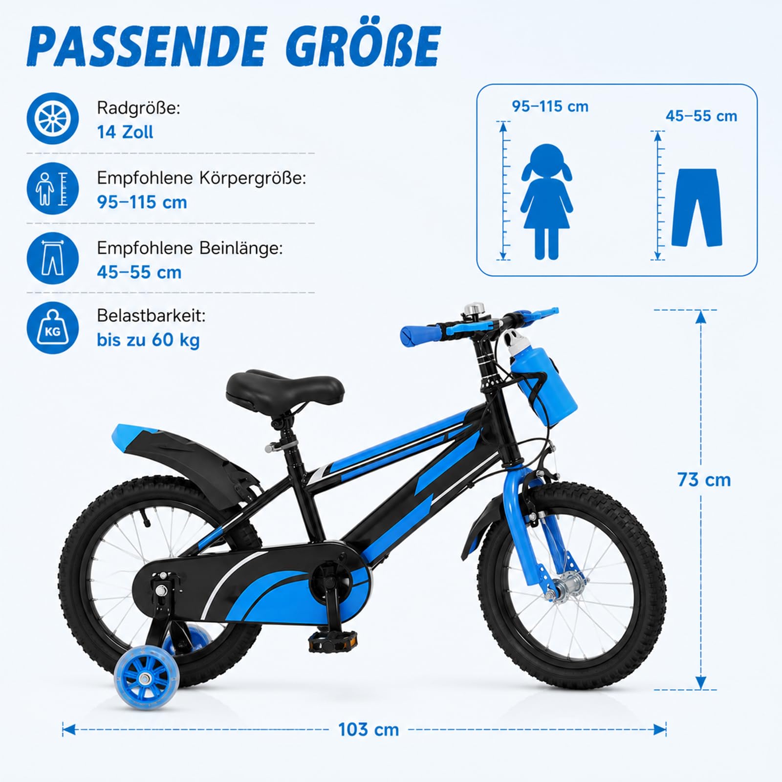 ACROSSPART 14-Zoll-Kinderfahrrad, Jungen und Mädchen Fahrrad Kinder mit Stützräder und Wasserflasche, Kinderfahrrad ab 3 Jahre mit Duales Bremssystem, HöHenverstellbar, Robust und Stabil Sport & Freizeit