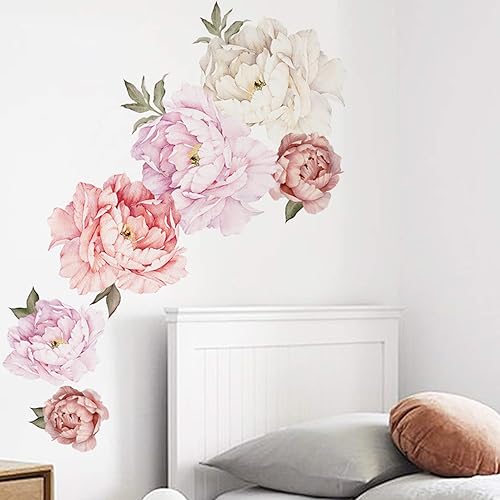 Miniatura 2 de Calcomanías de pared de flores de peonías, acuarela, elegantes calcomanías de pared florales para habitación de niñas, flores de peonía, carteles de