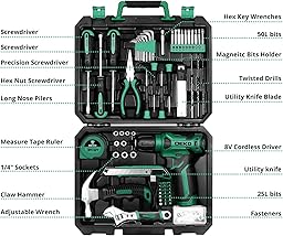 DEKO Caja Herramientas Completa con Destornillador Electrico/Taladro con bateria de 8V, Maletin de 126 Piezas, Caja profesional de herramientas Domésticas de Bricolaje para Oficinas y Jardín,Verde