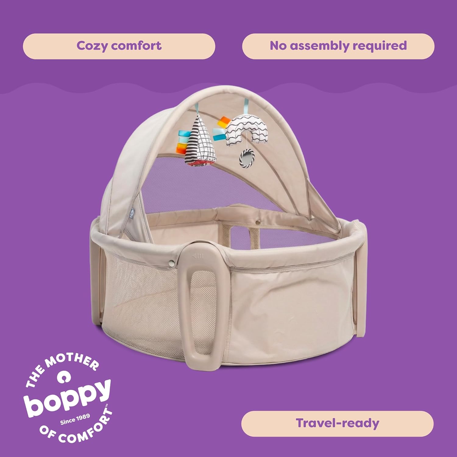 Boppy Cozy Cabana Portable Bassinet with Canopy, Breathable Mesh Walls, Sun Canopy - Lightweight Baby Bed for Home & Travel, 0-5 Months