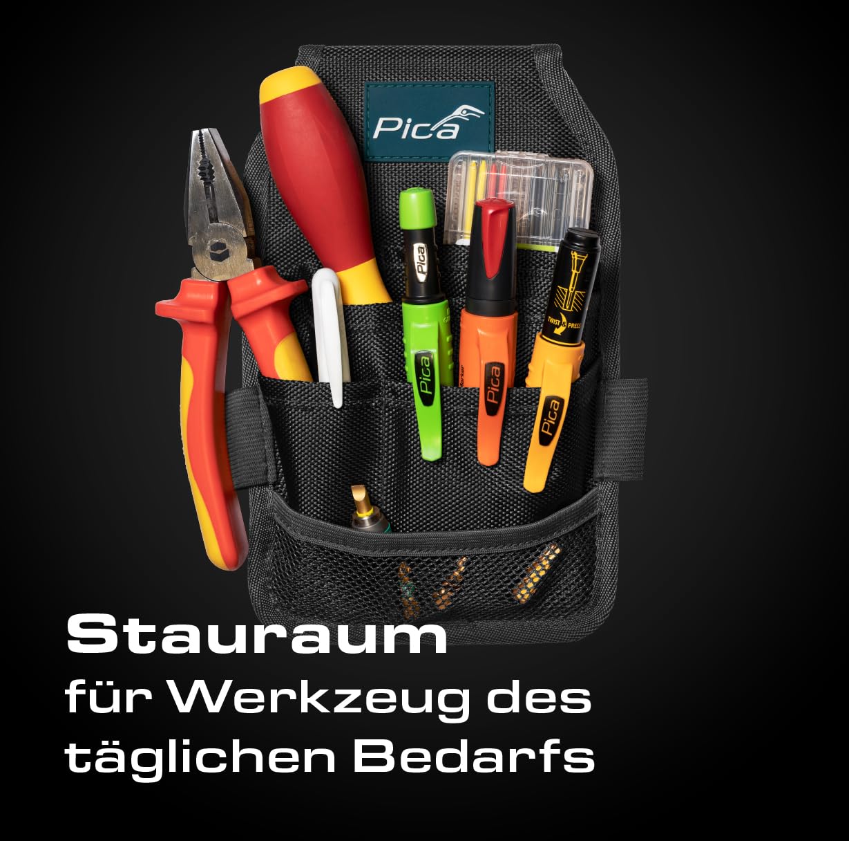 Pica Master Belt 55060 I hochwertige Gürteltasche I Werkzeuggürtel für Handwerker I enthält Pica Dry 3030, Dry Minen 4020, Ink schwarz, Visor Permanent 990/40, Instant-White Permanent Pen 532